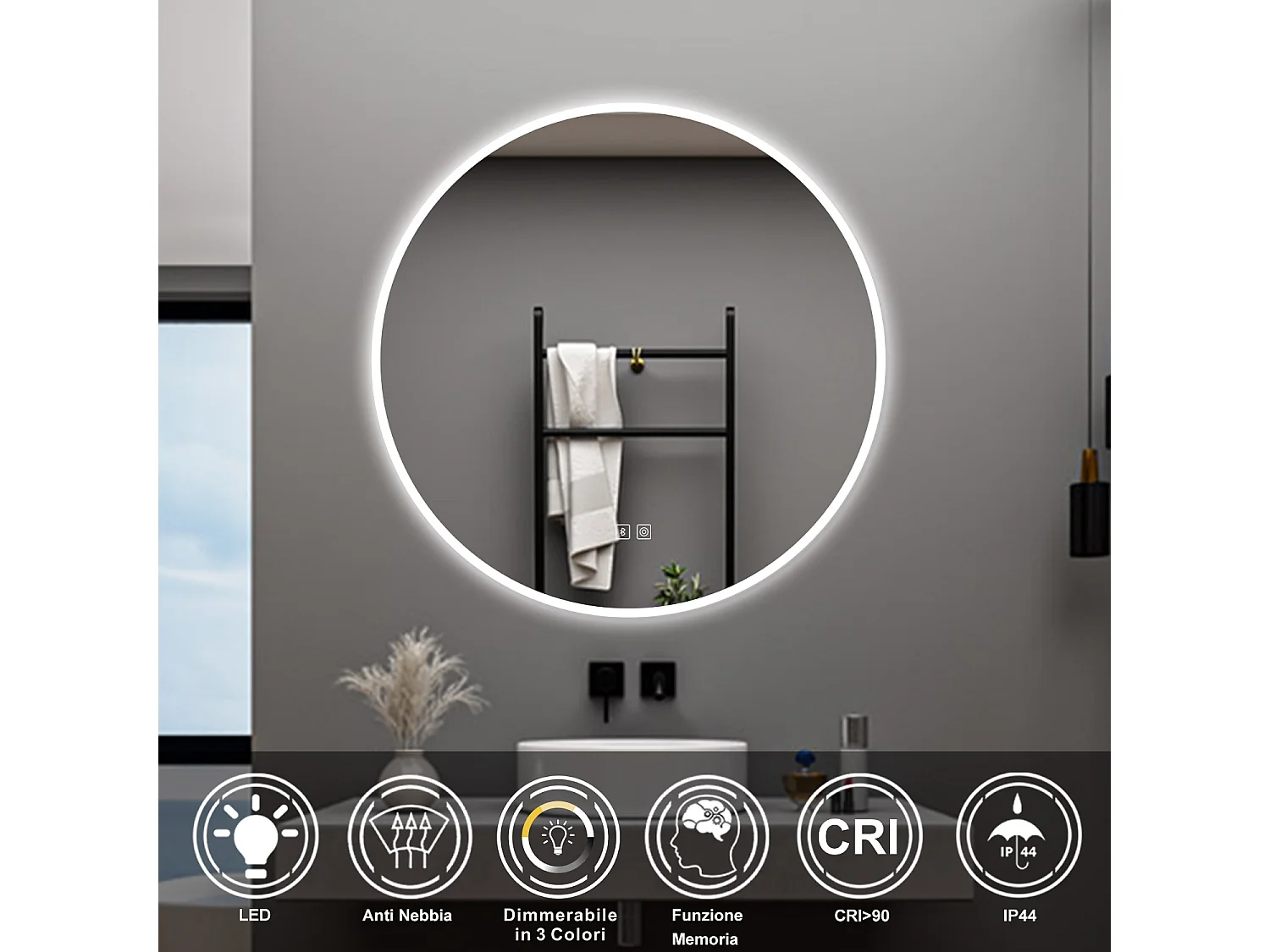 AICA Specchio da bagno 70 x 70 cm, blue tooth, 3 colori, antiappannamento, dimmerabile, interruttore touch, Funzione Memoria