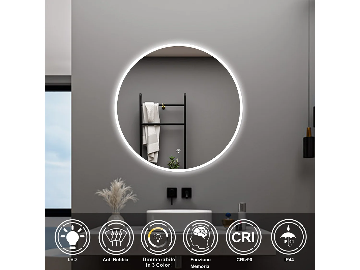 AICA Specchio da bagno 100 x 100 cm, 3 colori, antiappannamento, dimmerabile, interruttore touch, Funzione Memoria