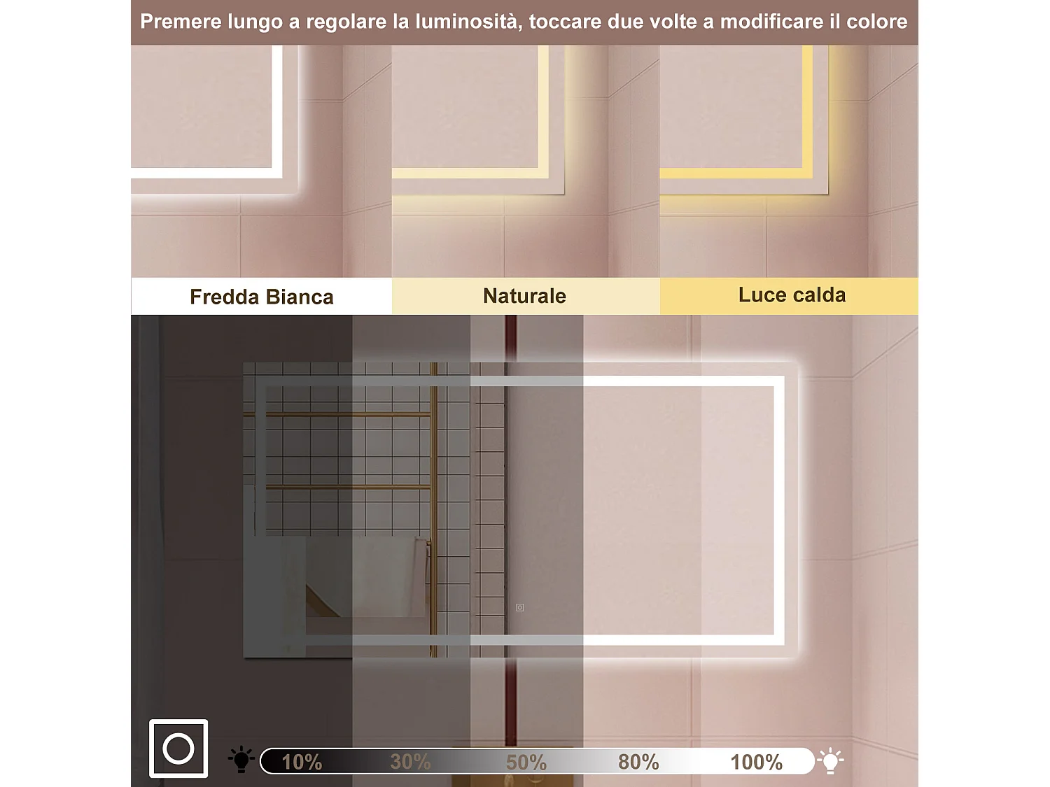 AICA Specchio da bagno  70 x 50 cm, dimmerabile, interruttore touch, Funzione Memoria, antiappannamento, 3 colori