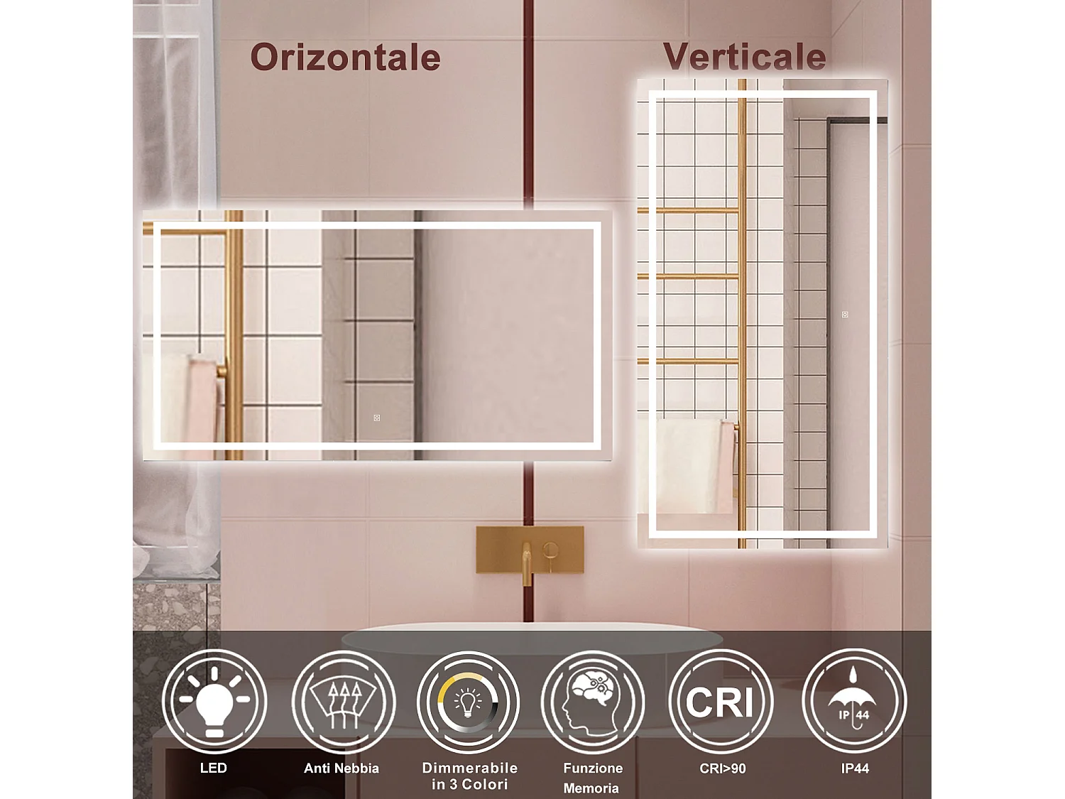 AICA Specchio da bagno  70 x 50 cm, dimmerabile, interruttore touch, Funzione Memoria, antiappannamento, 3 colori