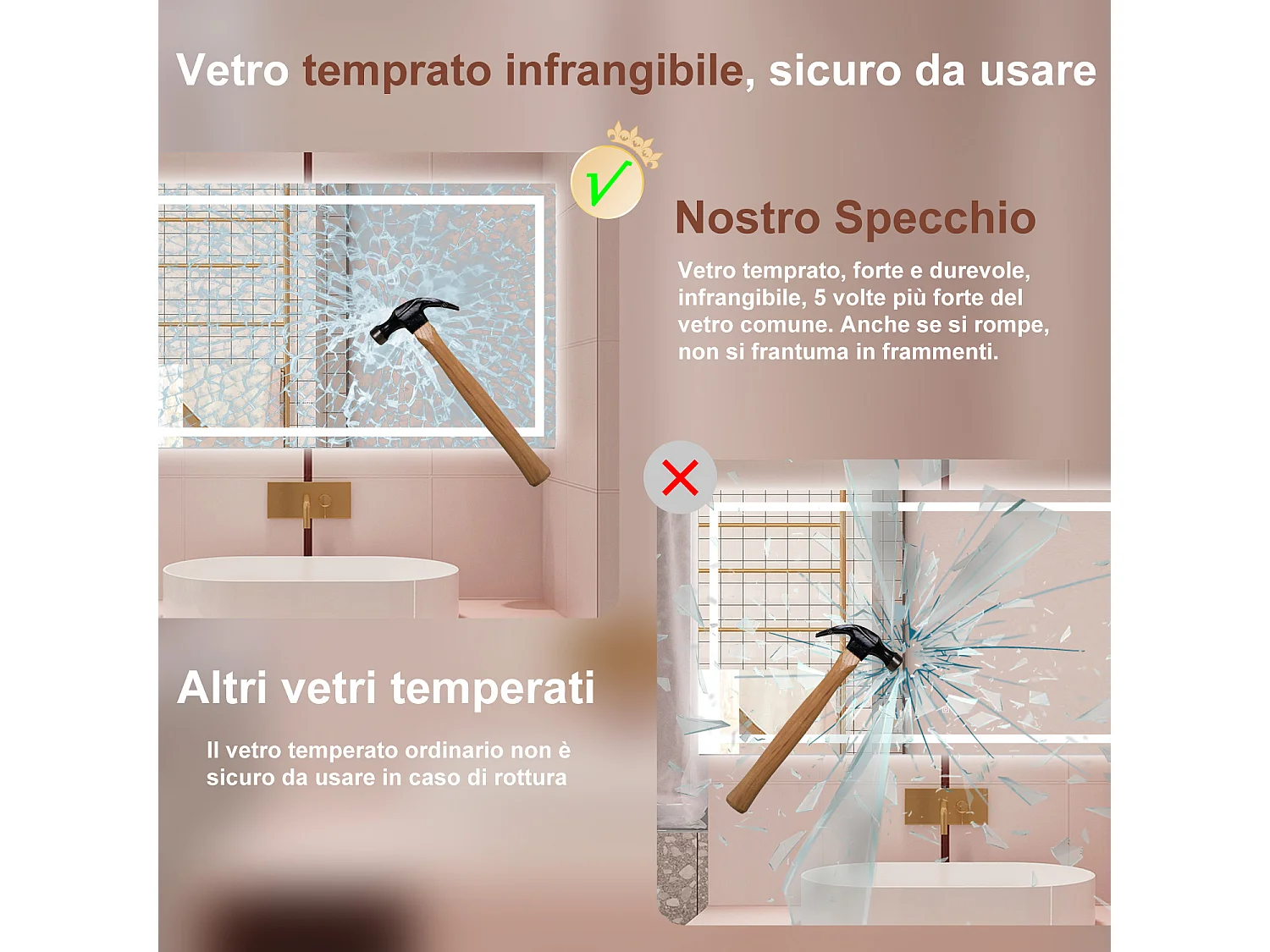 AICA Specchio da bagno  70 x 50 cm, dimmerabile, interruttore touch, Funzione Memoria, antiappannamento, 3 colori