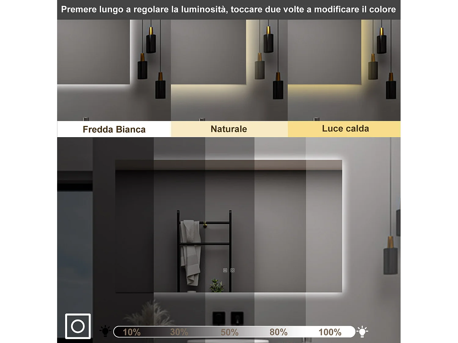 AICA Specchio da bagno  100 x 60 cm, dimmerabile, Funzione Memoria, antiappannamento, 3 colori