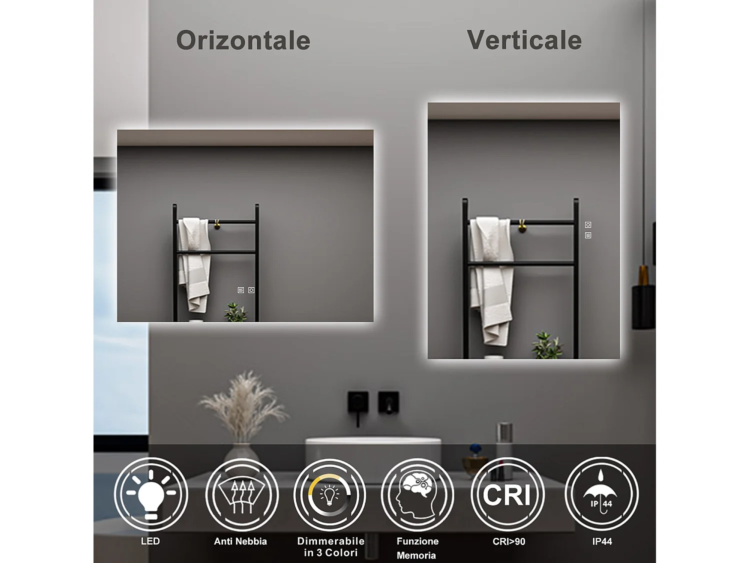 AICA Specchio da bagno  100 x 60 cm, dimmerabile, Funzione Memoria, antiappannamento, 3 colori