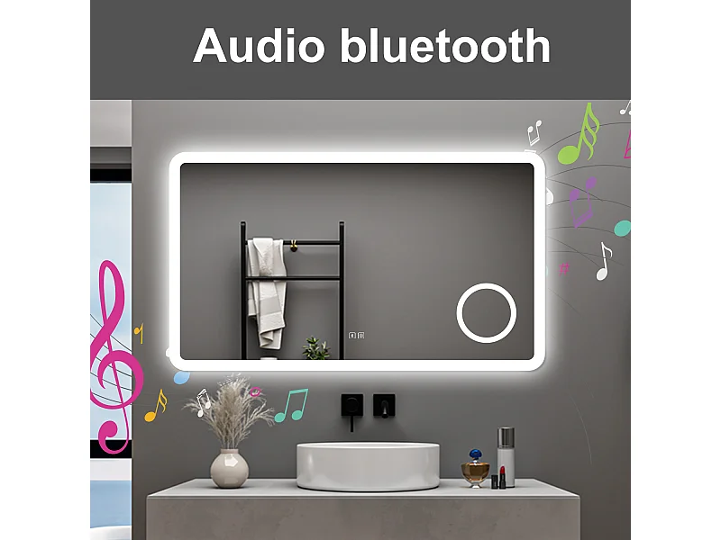 AICA Specchio da bagno  100 x 60 cm, dimmerabile, Blue tooth, Funzione Memoria, antiappannamento, 3 colori, Magnificatore