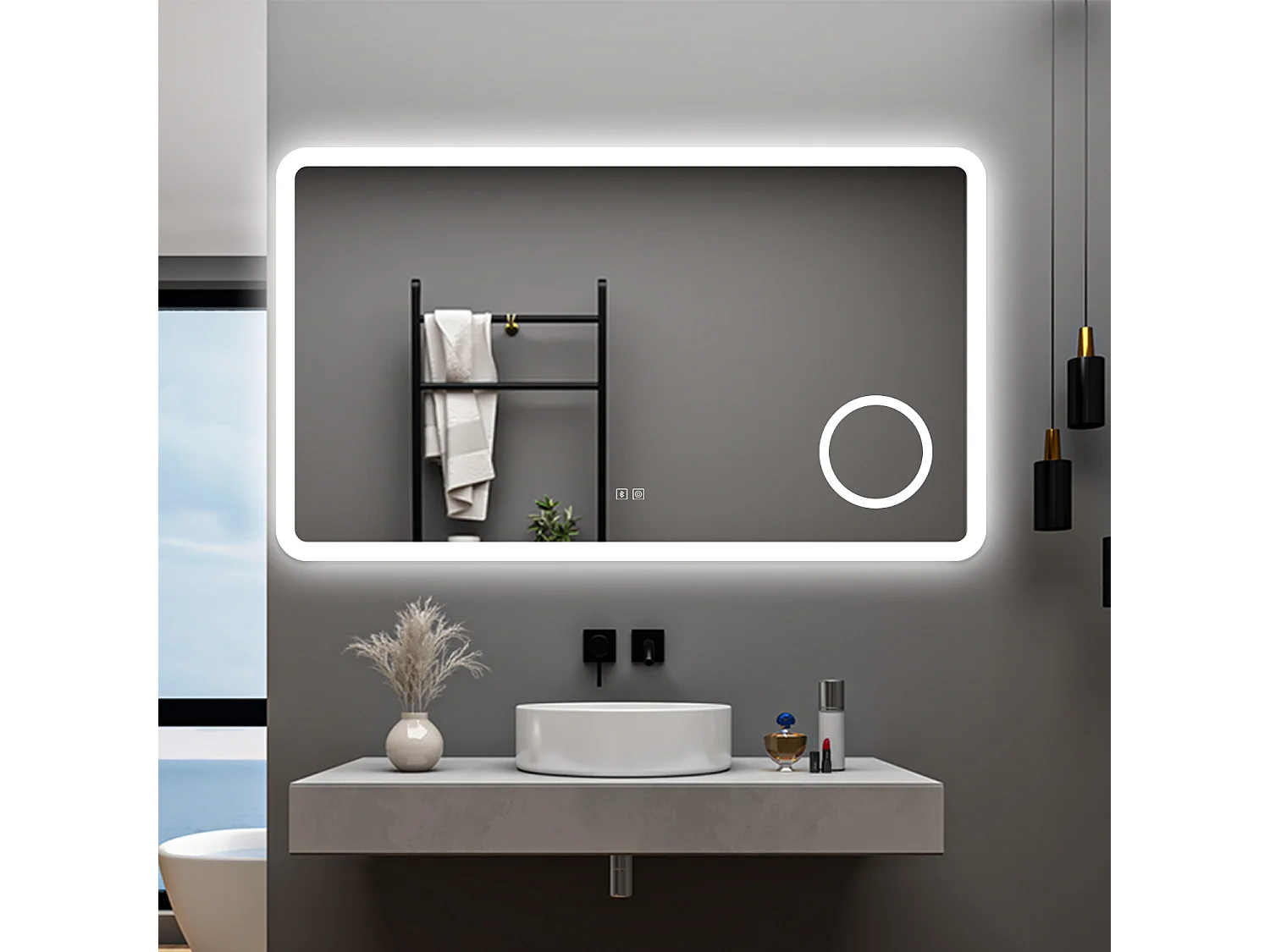 AICA Specchio da bagno  100 x 60 cm, dimmerabile, Blue tooth, Funzione Memoria, antiappannamento, 3 colori, Magnificatore