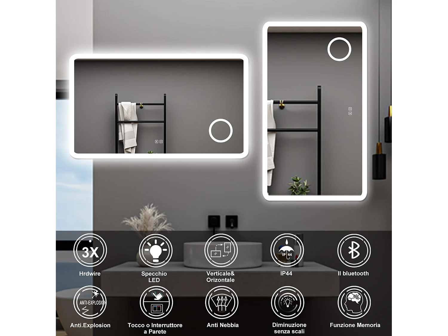 AICA Specchio da bagno  100 x 60 cm, dimmerabile, Blue tooth, Funzione Memoria, antiappannamento, 3 colori, Magnificatore