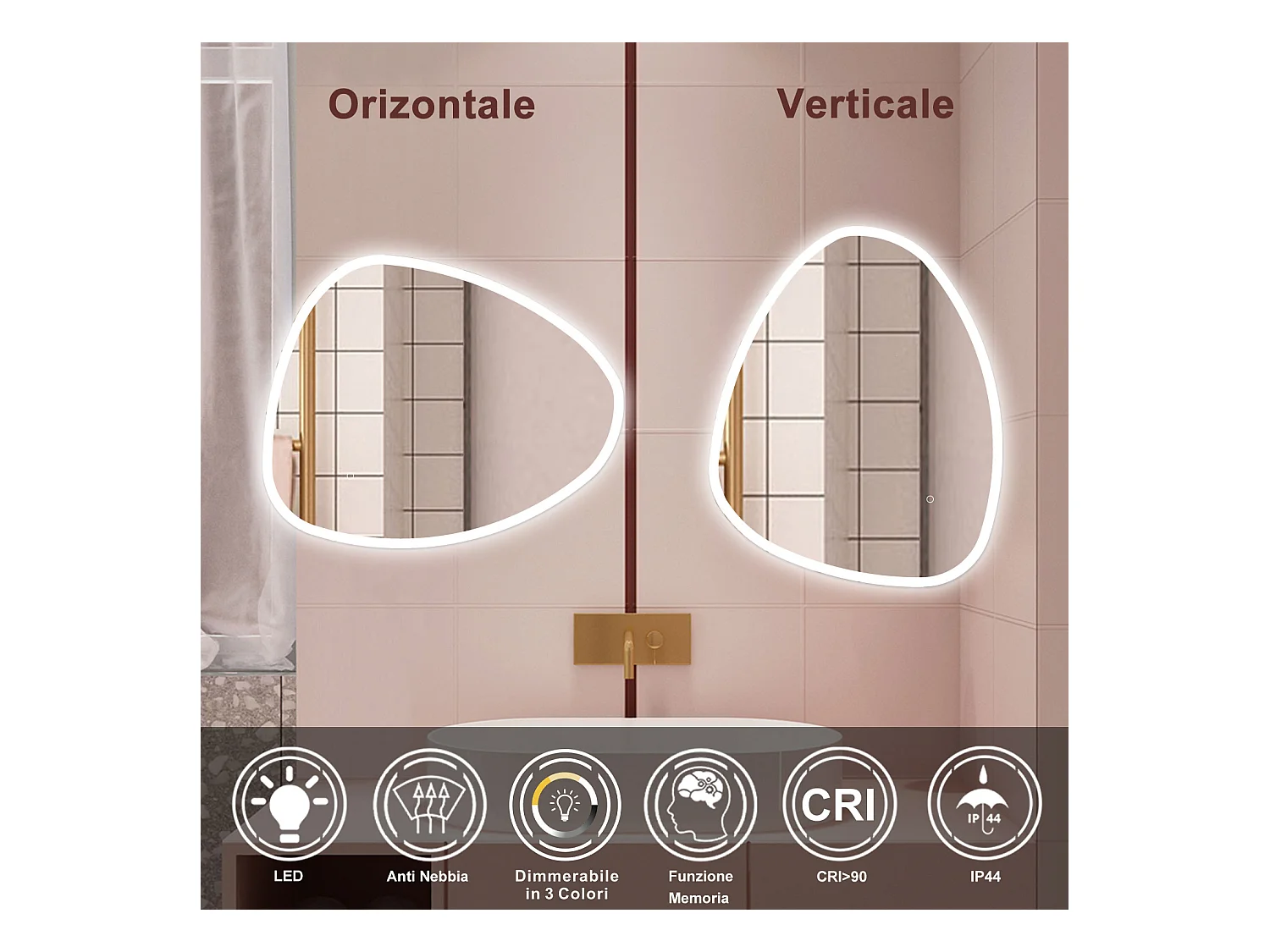 AICA Specchio da bagno  80 x 65 cm, dimmerabile, Funzione Memoria, antiappannamento, 3 colori