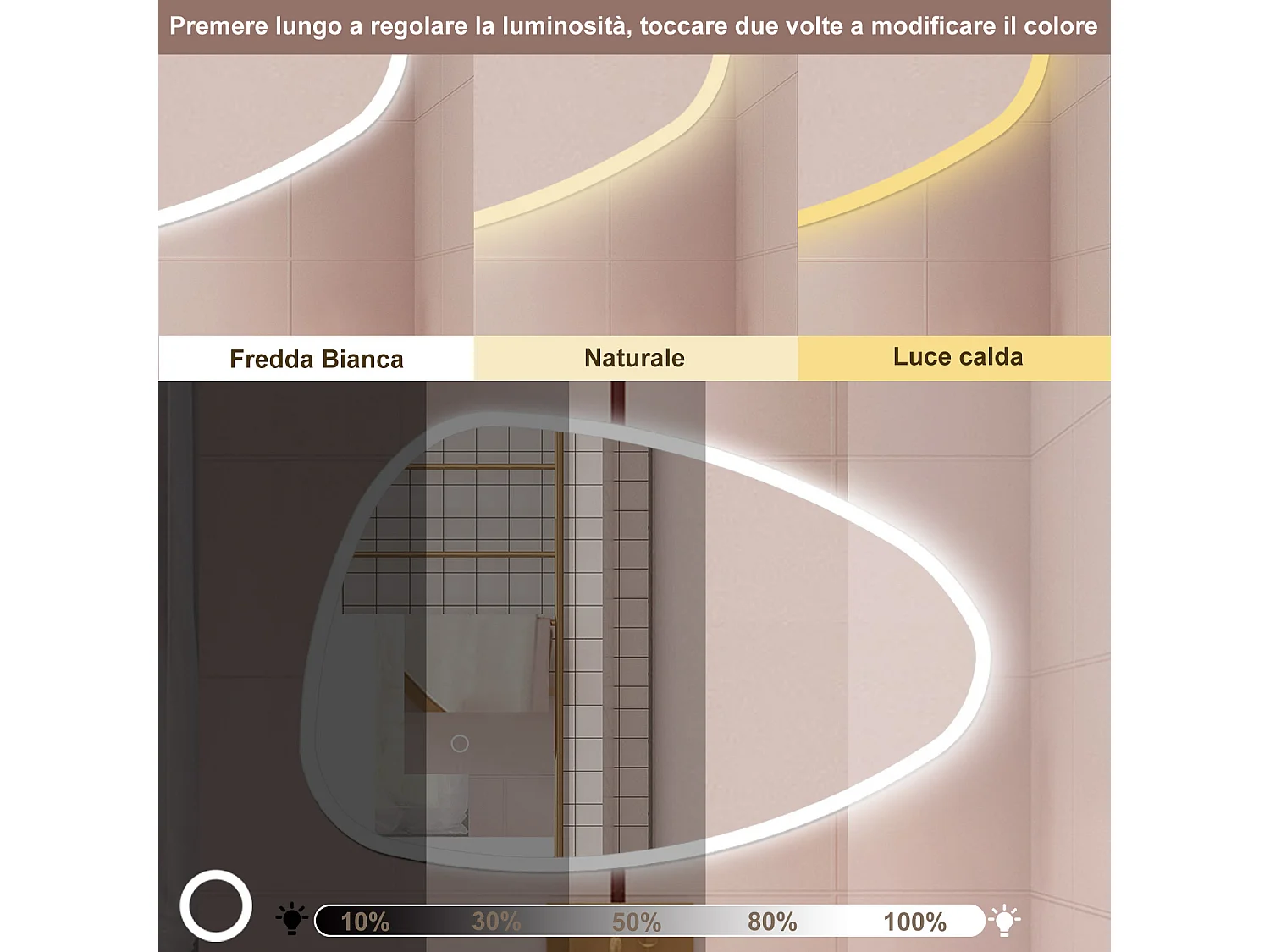 AICA Specchio da bagno  80 x 65 cm, dimmerabile, Funzione Memoria, antiappannamento, 3 colori