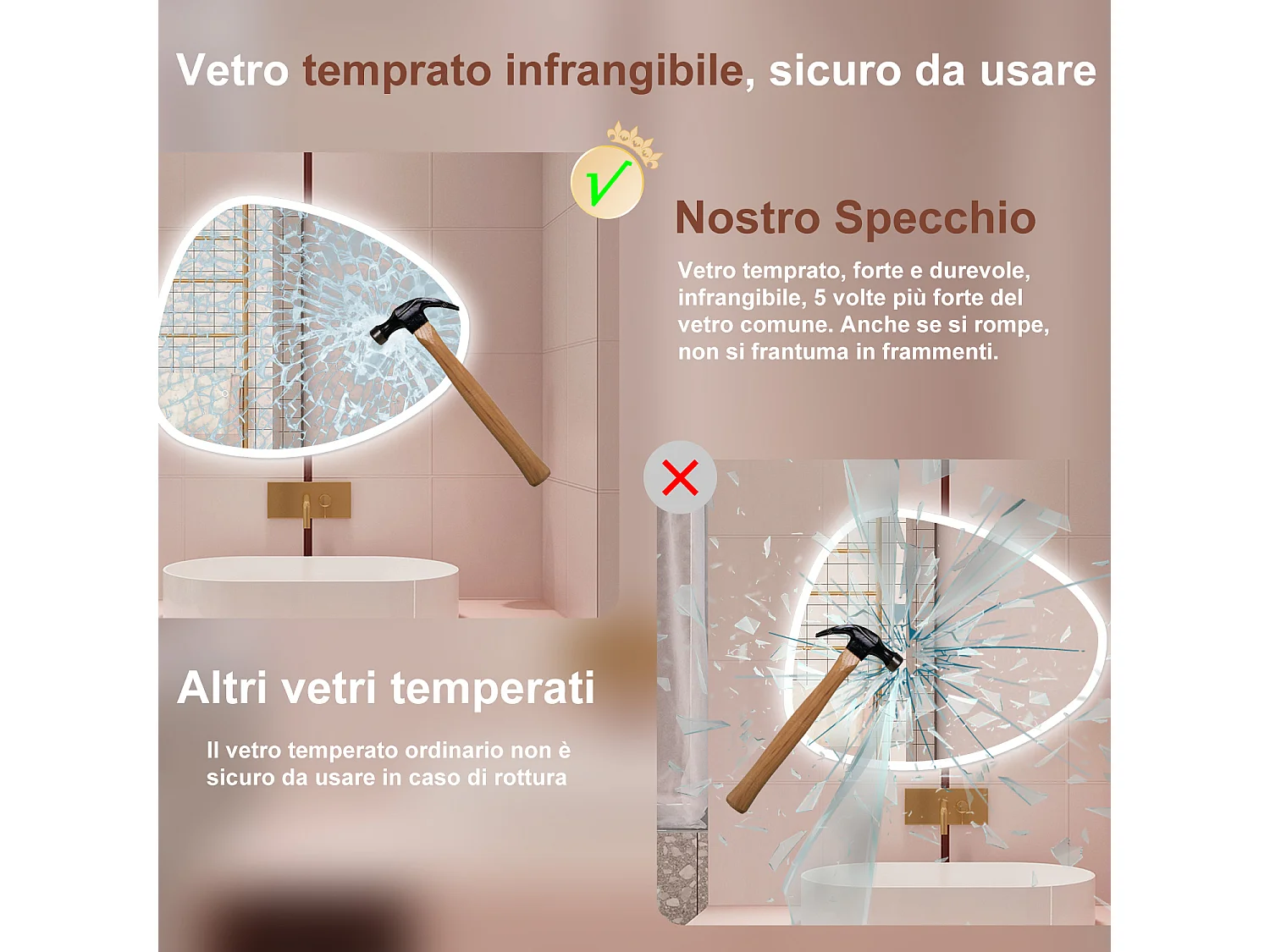 AICA Specchio da bagno  80 x 65 cm, dimmerabile, Funzione Memoria, antiappannamento, 3 colori