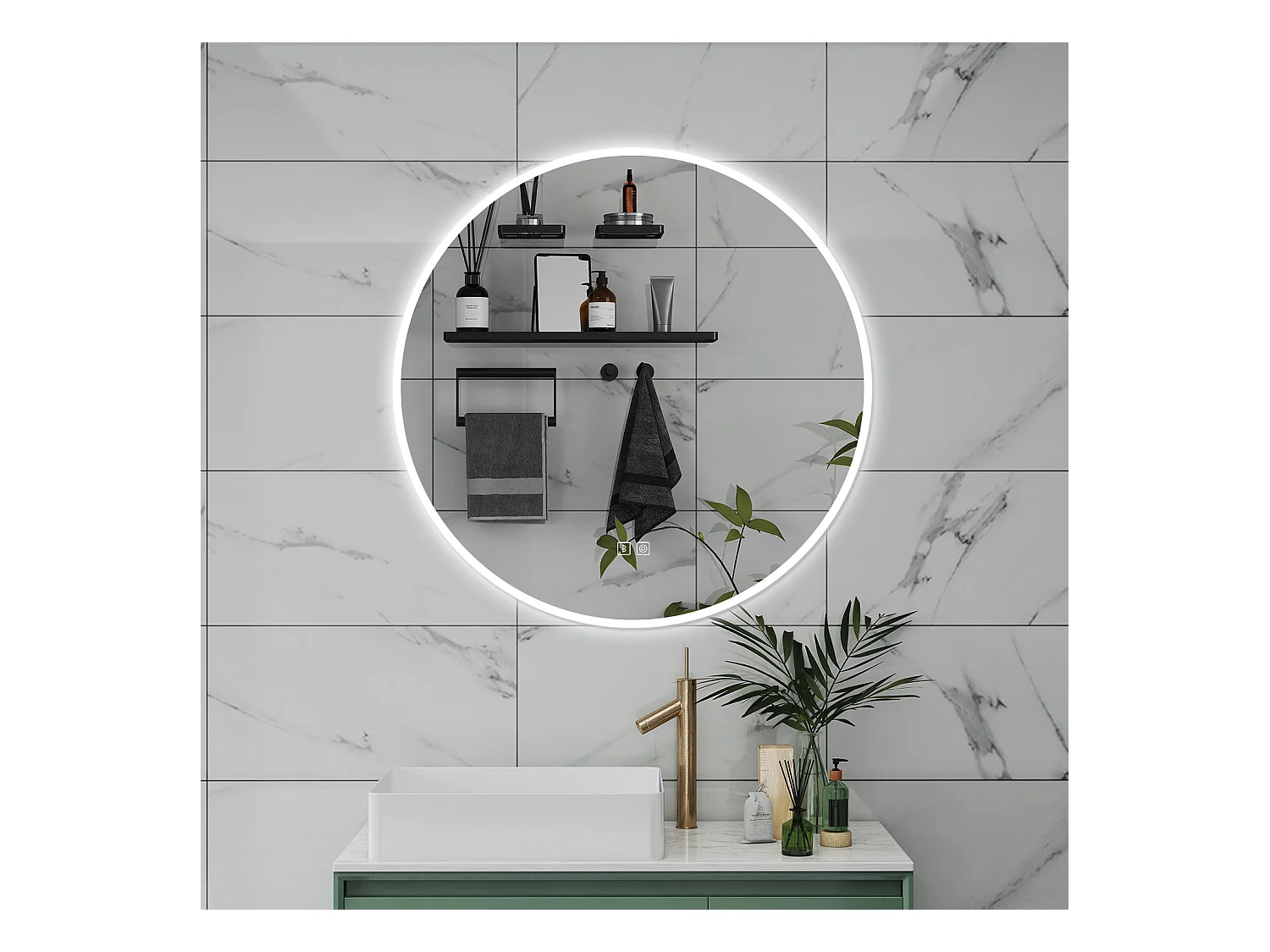 AICA Specchio da bagno 70 x 70 cm, blue tooth, 3 colori, antiappannamento, dimmerabile, interruttore touch, Funzione Memoria