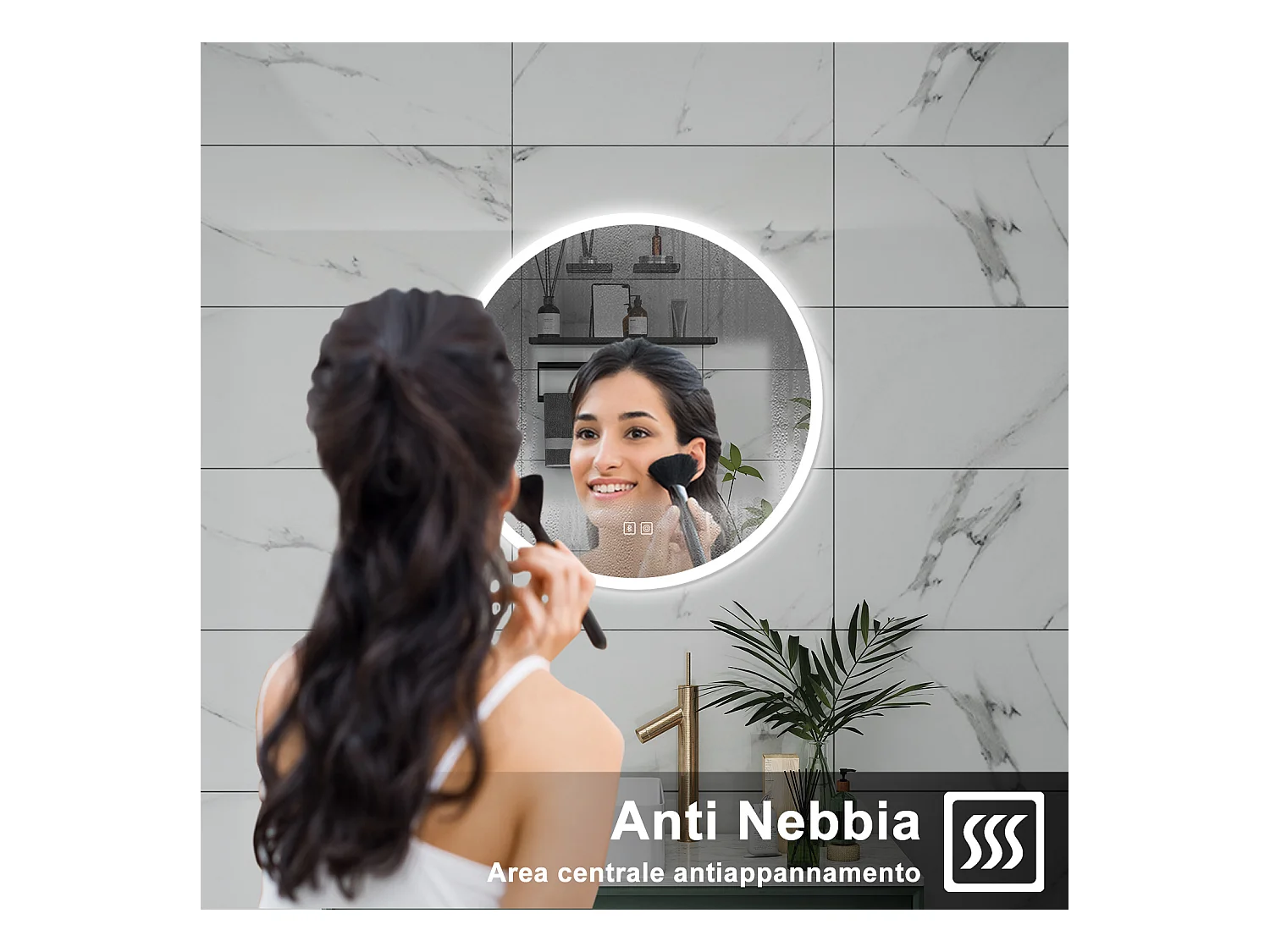 AICA Specchio da bagno 70 x 70 cm, blue tooth, 3 colori, antiappannamento, dimmerabile, interruttore touch, Funzione Memoria