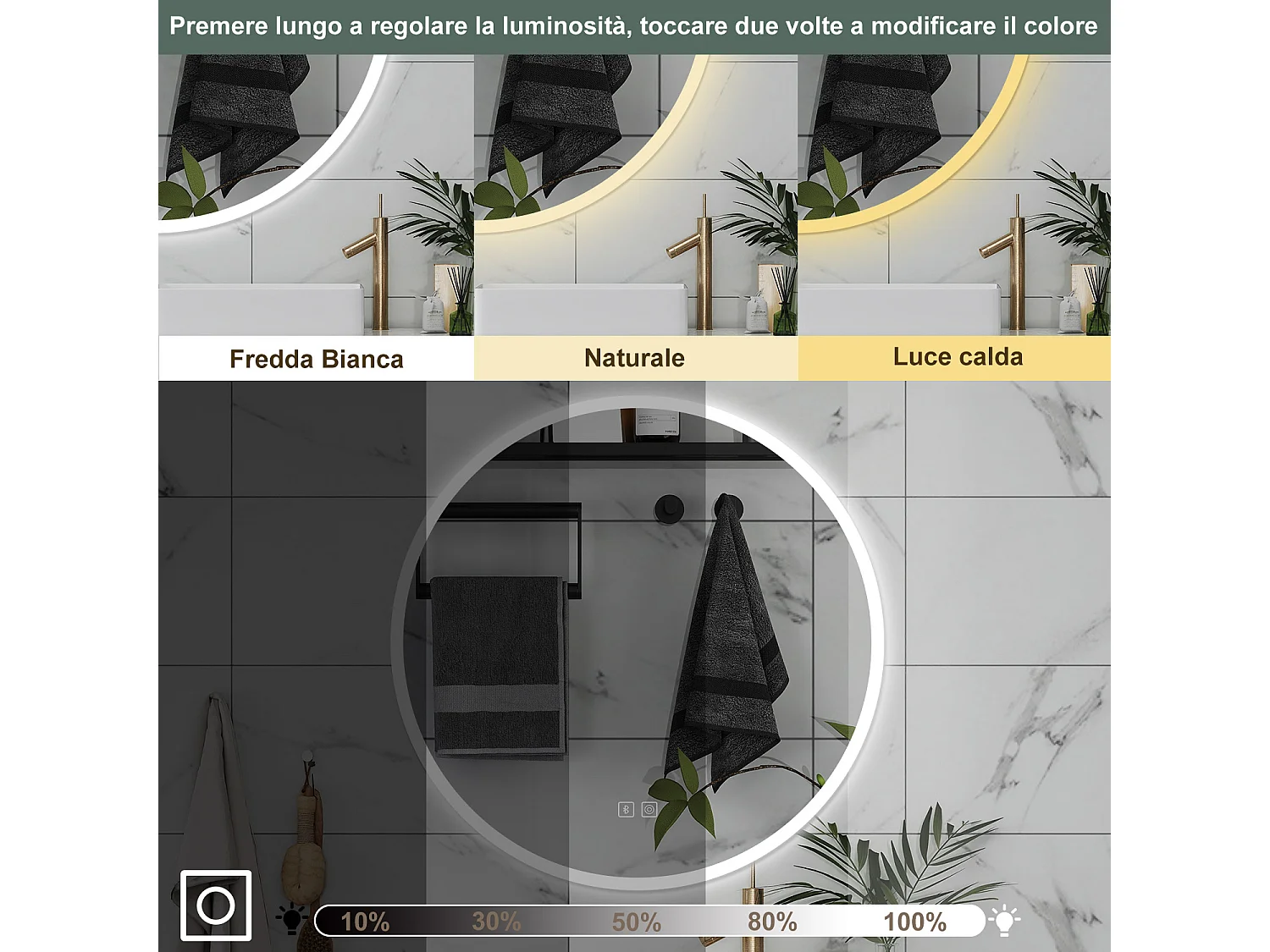 AICA Specchio da bagno 70 x 70 cm, blue tooth, 3 colori, antiappannamento, dimmerabile, interruttore touch, Funzione Memoria