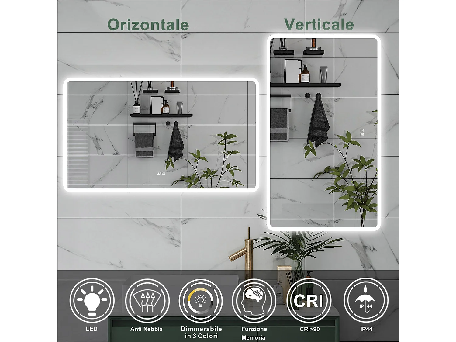 AICA Specchio da bagno  70 x 120 cm, dimmerabile, Blue tooth, Funzione Memoria, antiappannamento, 3 colori