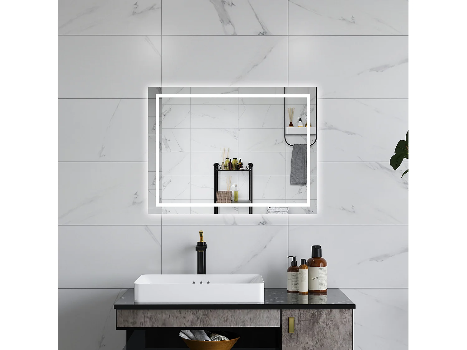 AICA Specchio da bagno  80 x 60 cm, dimmerabile, interruttore touch, Funzione Memoria, antiappannamento