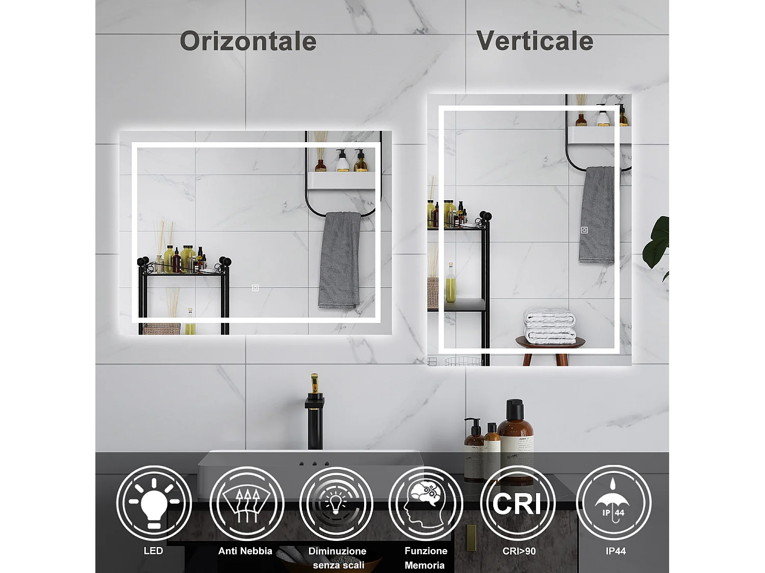 AICA Specchio da bagno  80 x 60 cm, dimmerabile, interruttore touch, Funzione Memoria, antiappannamento