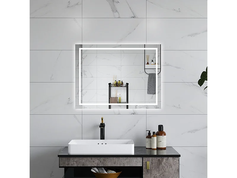 AICA Specchio da bagno  80 x 60 cm, dimmerabile, interruttore touch, Funzione Memoria, antiappannamento