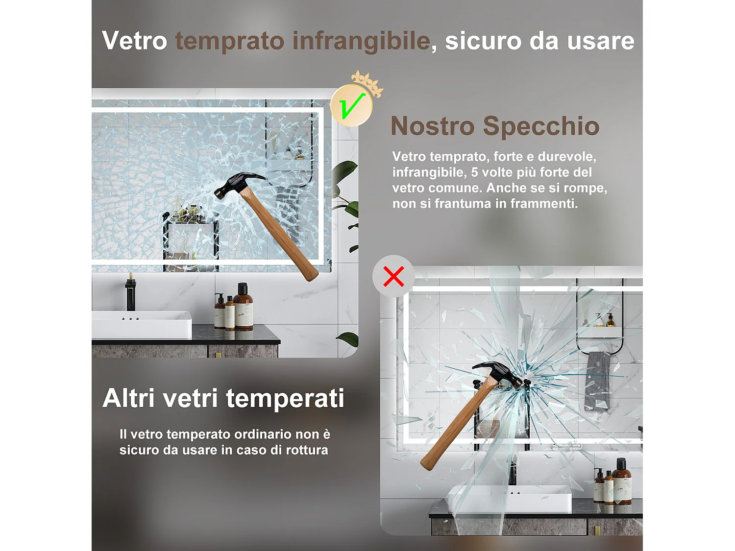 AICA Specchio da bagno  70 x 50 cm, dimmerabile, interruttore touch, Funzione Memoria, antiappannamento, 3 colori