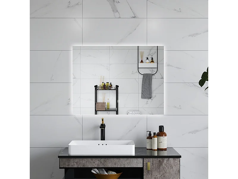 AICA Specchio da bagno 80 x 60 cm, antiappannamento, dimmerabile, interruttore touch, Funzione Memoria