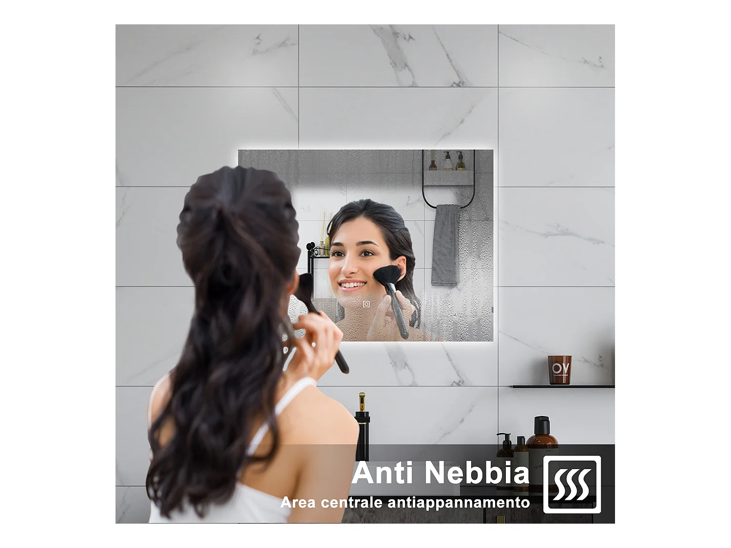 AICA Specchio da bagno 80 x 60 cm, antiappannamento, dimmerabile, interruttore touch, Funzione Memoria