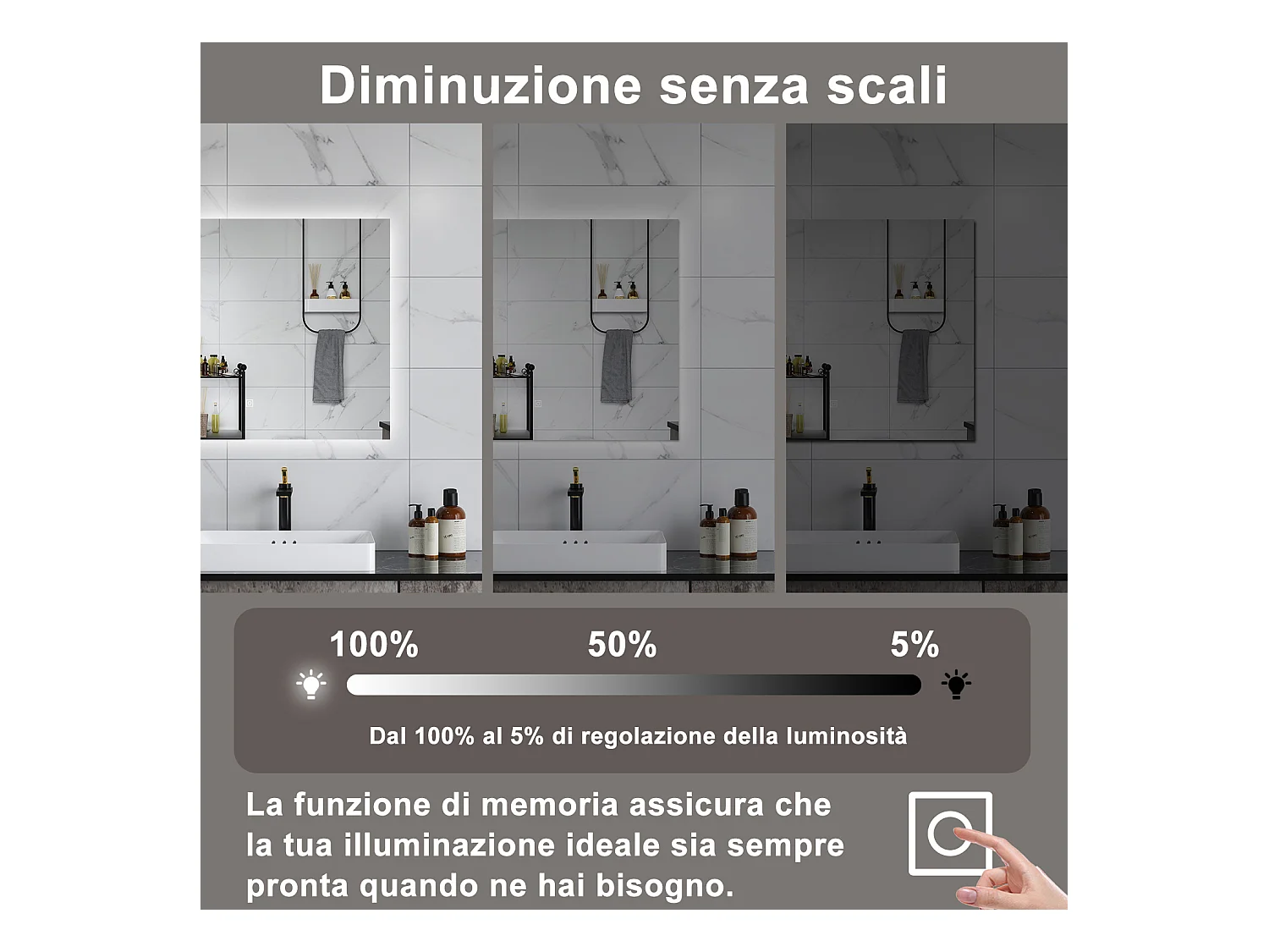 AICA Specchio da bagno 80 x 60 cm, antiappannamento, dimmerabile, interruttore touch, Funzione Memoria