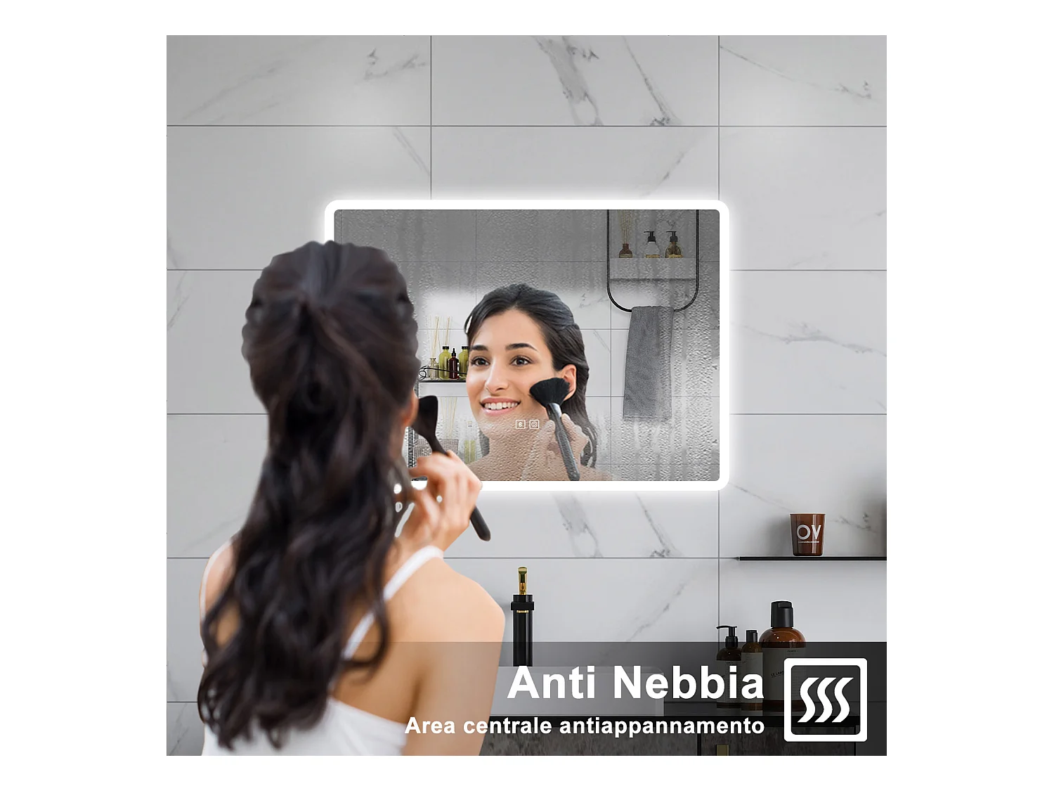 AICA Specchio da bagno  80 x 60 cm, dimmerabile, Blue tooth, Funzione Memoria, antiappannamento, 3 colori