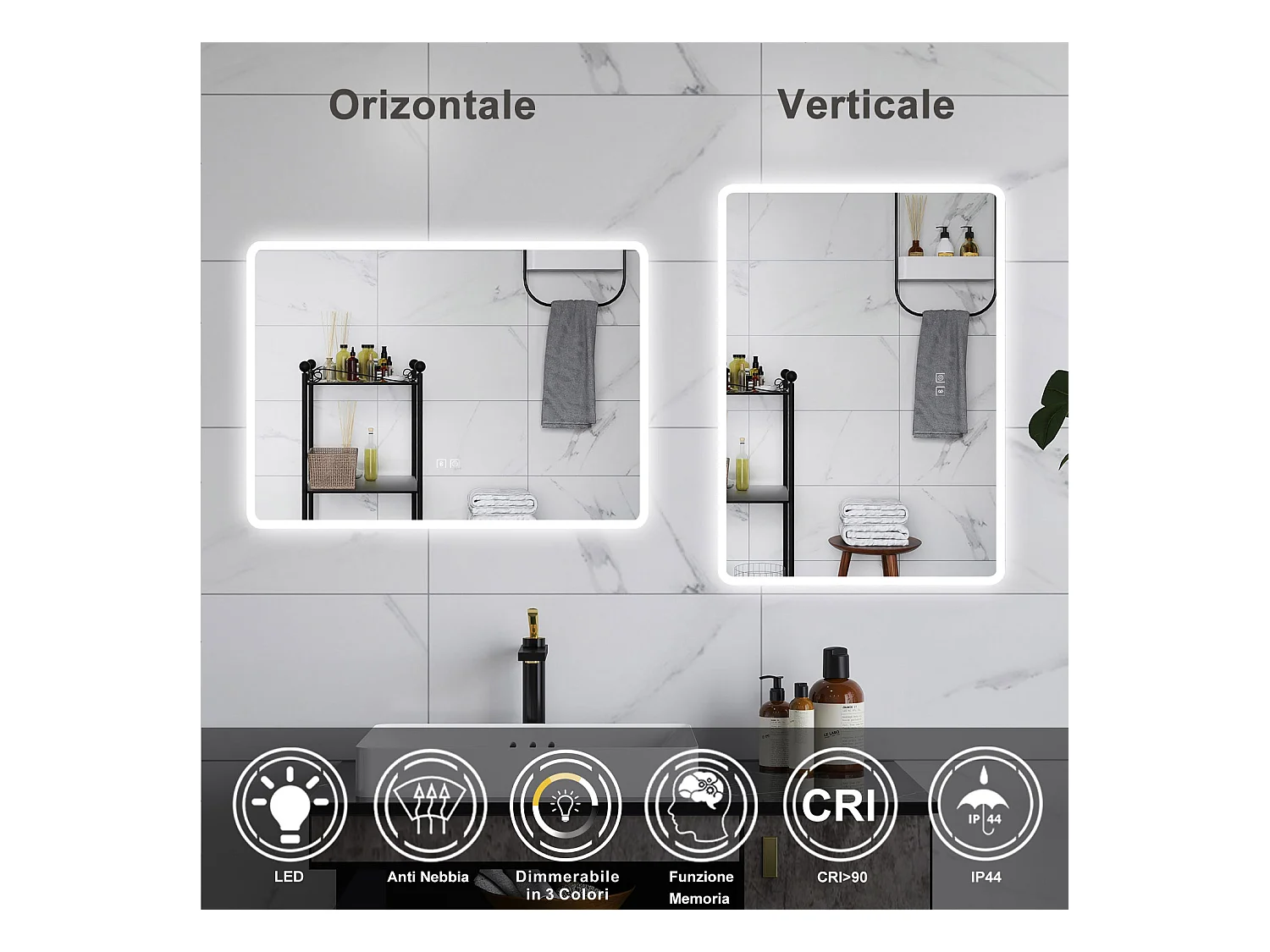 AICA Specchio da bagno  80 x 60 cm, dimmerabile, Blue tooth, Funzione Memoria, antiappannamento, 3 colori