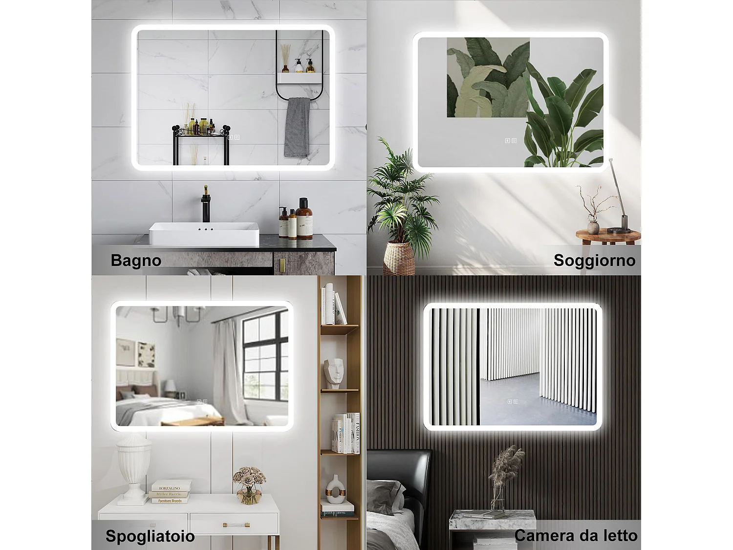 AICA Specchio da bagno  80 x 60 cm, dimmerabile, Blue tooth, Funzione Memoria, antiappannamento, 3 colori