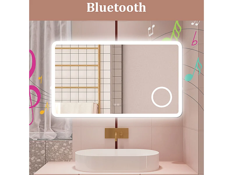 AICA Specchio da bagno  120 x 70 cm, dimmerabile, Blue tooth, Funzione Memoria, antiappannamento, 3 colori, Magnificatore