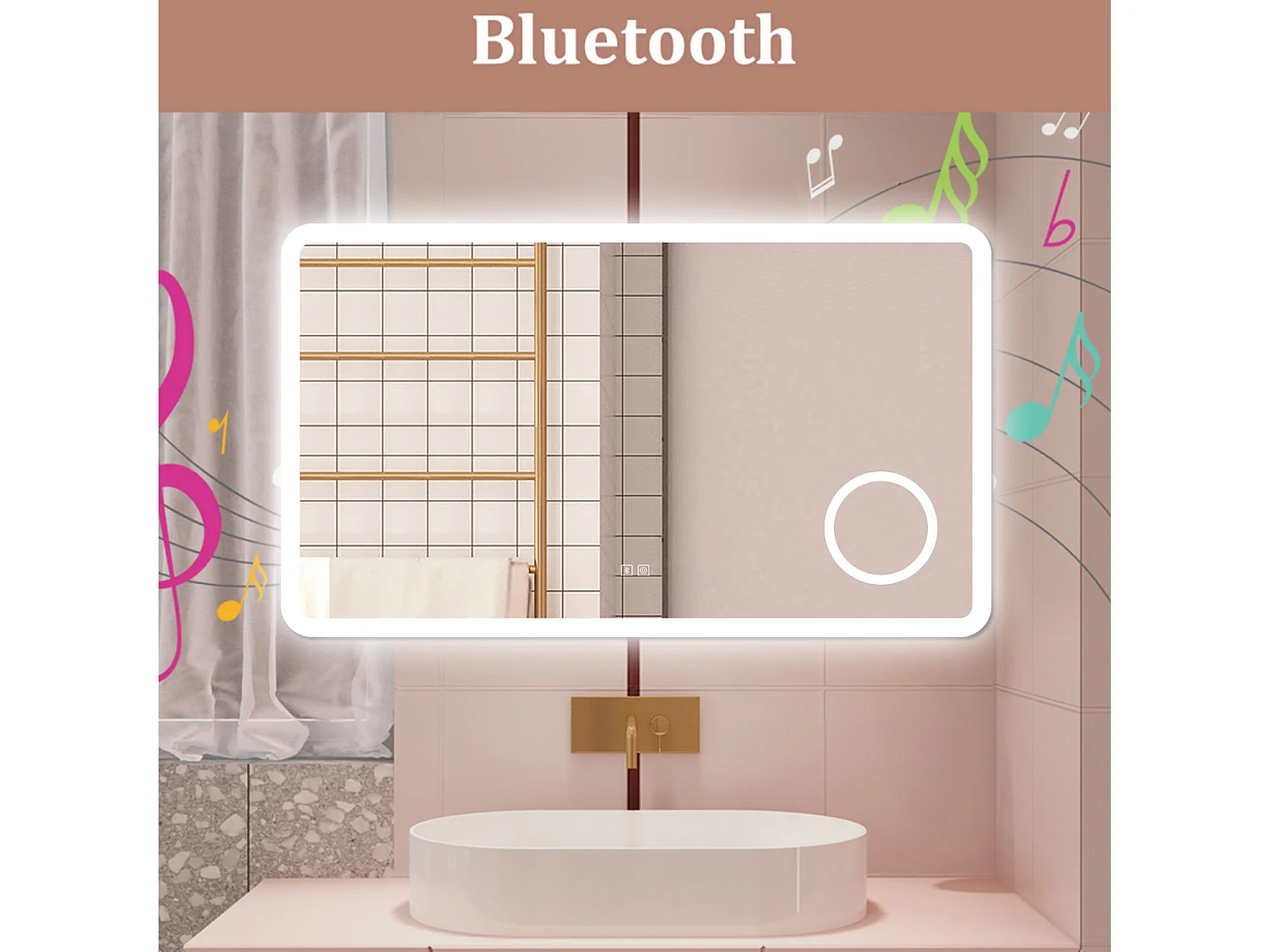 AICA Specchio da bagno  120 x 70 cm, dimmerabile, Blue tooth, Funzione Memoria, antiappannamento, 3 colori, Magnificatore