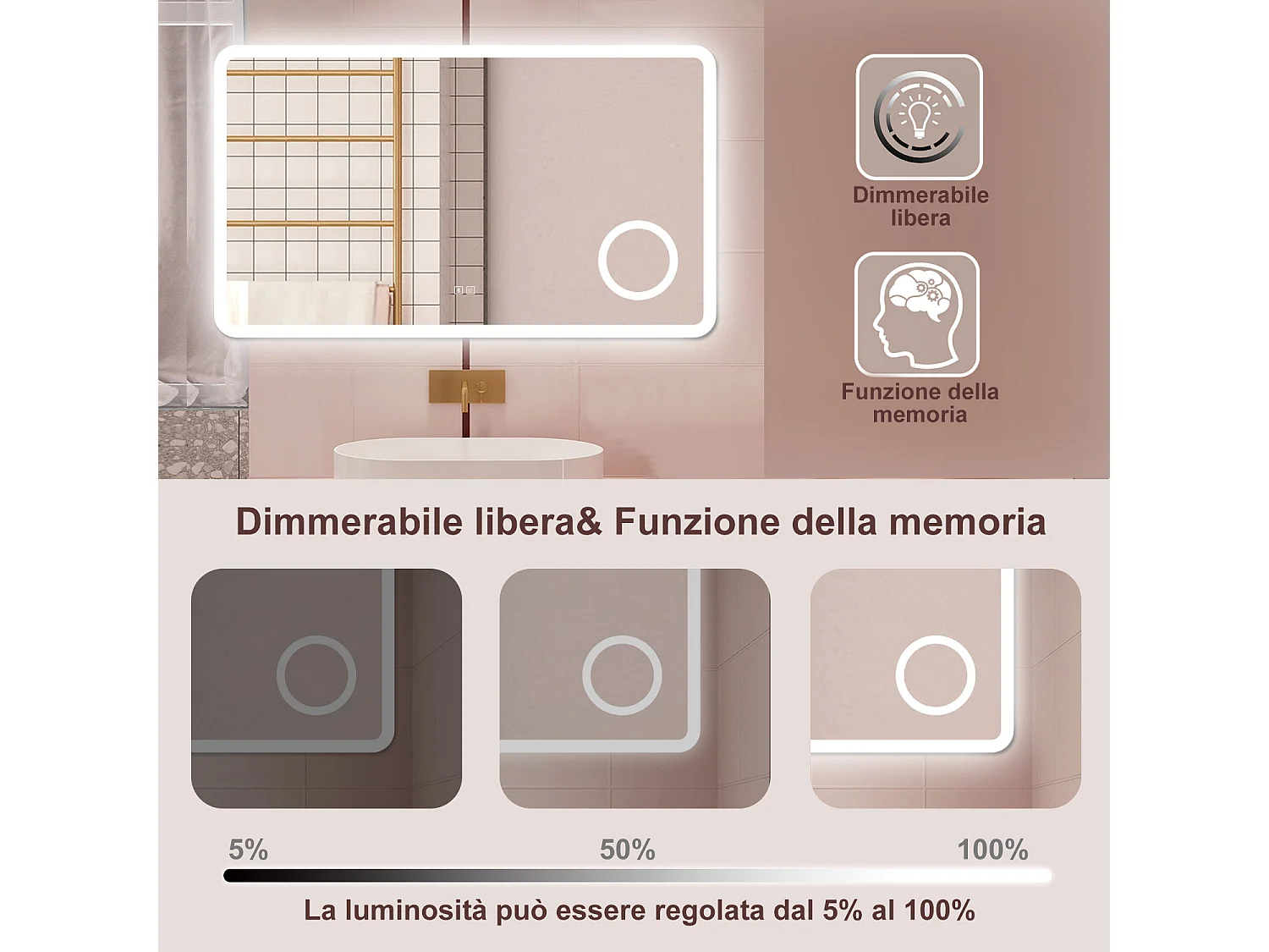 AICA Specchio da bagno  120 x 70 cm, dimmerabile, Blue tooth, Funzione Memoria, antiappannamento, 3 colori, Magnificatore