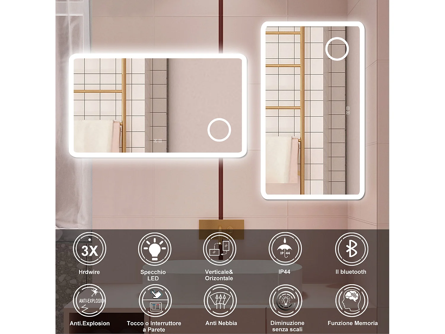 AICA Specchio da bagno  120 x 70 cm, dimmerabile, Blue tooth, Funzione Memoria, antiappannamento, 3 colori, Magnificatore