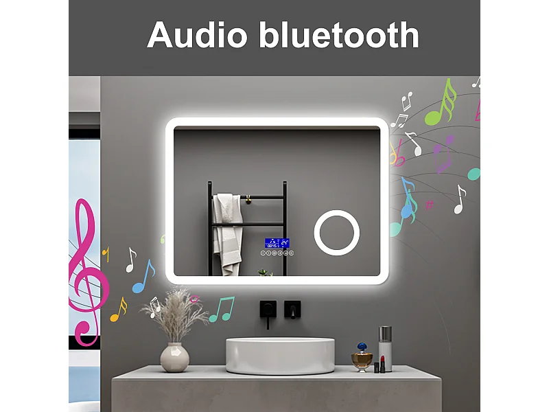 AICA Specchio da bagno  80 x 60 cm, dimmerabile, Blue tooth, Funzione Memoria, antiappannamento, 3 colori, Magnificatore,  orologio