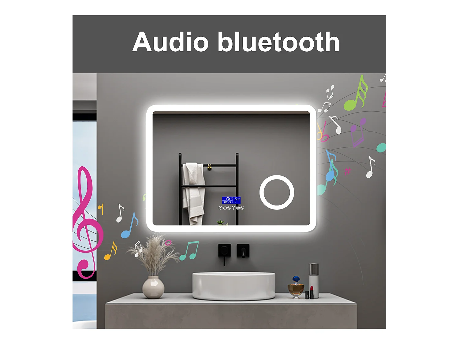 AICA Specchio da bagno  80 x 60 cm, dimmerabile, Blue tooth, Funzione Memoria, antiappannamento, 3 colori, Magnificatore,  orologio