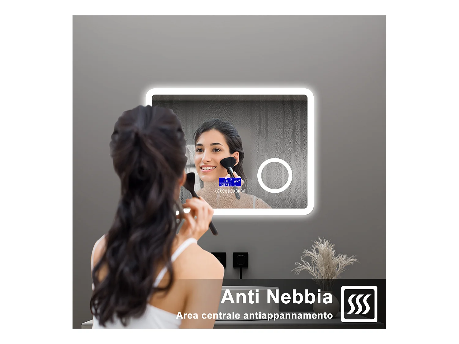 AICA Specchio da bagno  80 x 60 cm, dimmerabile, Blue tooth, Funzione Memoria, antiappannamento, 3 colori, Magnificatore,  orologio