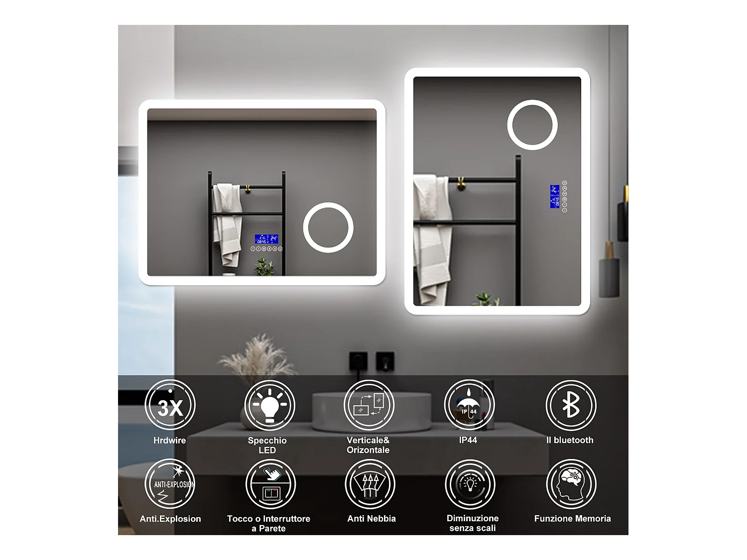 AICA Specchio da bagno  80 x 60 cm, dimmerabile, Blue tooth, Funzione Memoria, antiappannamento, 3 colori, Magnificatore,  orologio