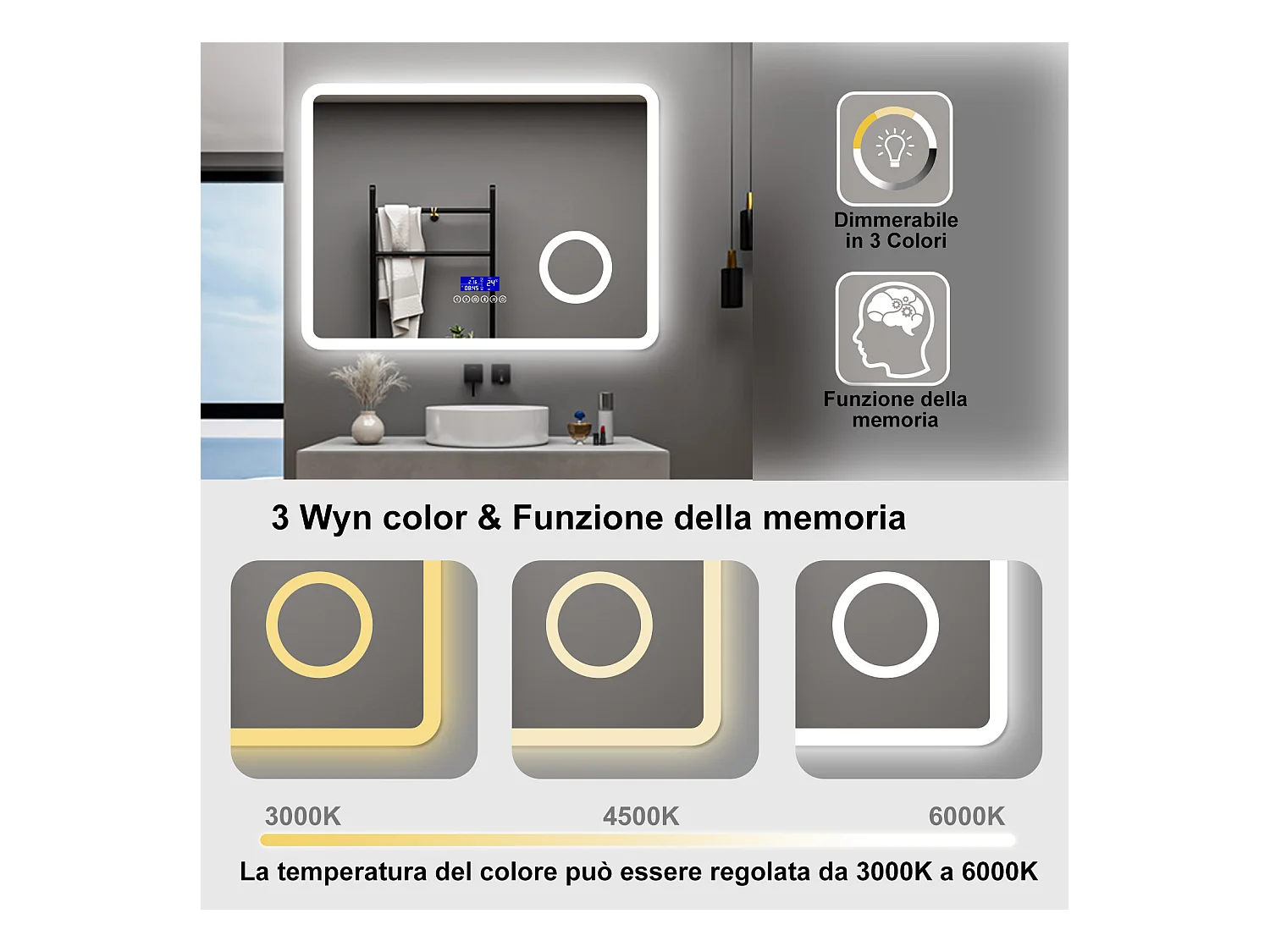 AICA Specchio da bagno  80 x 60 cm, dimmerabile, Blue tooth, Funzione Memoria, antiappannamento, 3 colori, Magnificatore,  orologio