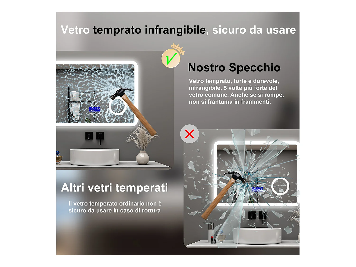 AICA Specchio da bagno  80 x 60 cm, dimmerabile, Blue tooth, Funzione Memoria, antiappannamento, 3 colori, Magnificatore,  orologio