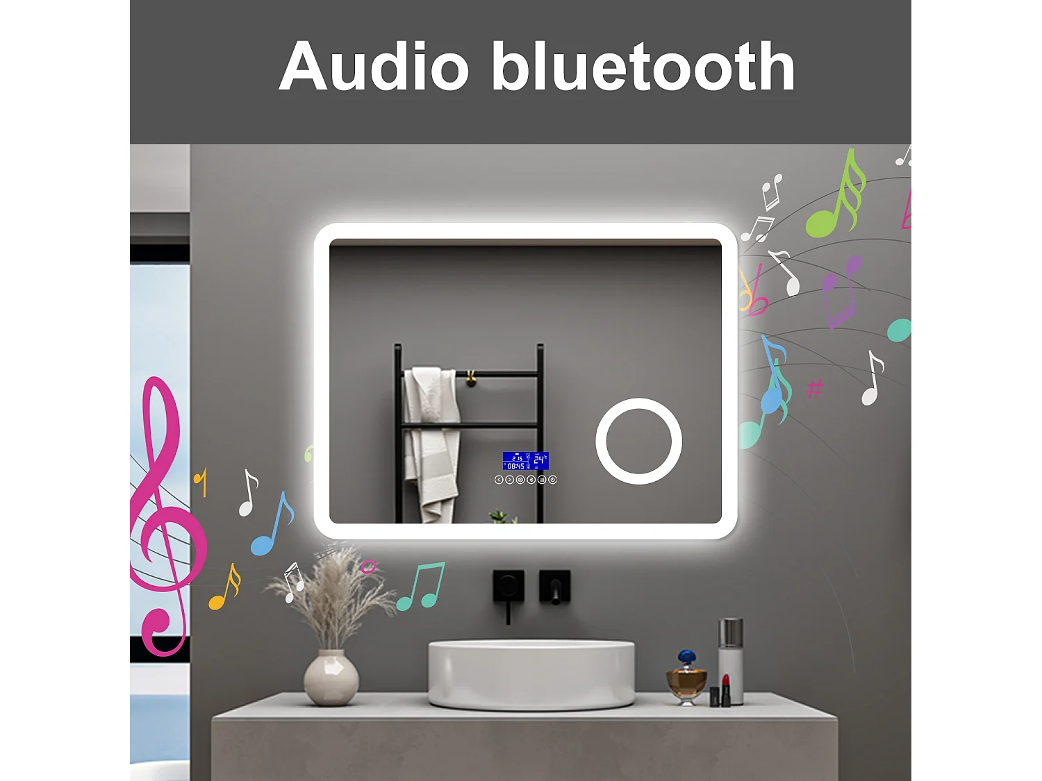 AICA Specchio da bagno  80 x 60 cm, dimmerabile, Blue tooth, Funzione Memoria, antiappannamento, 3 colori, Magnificatore,  orologio