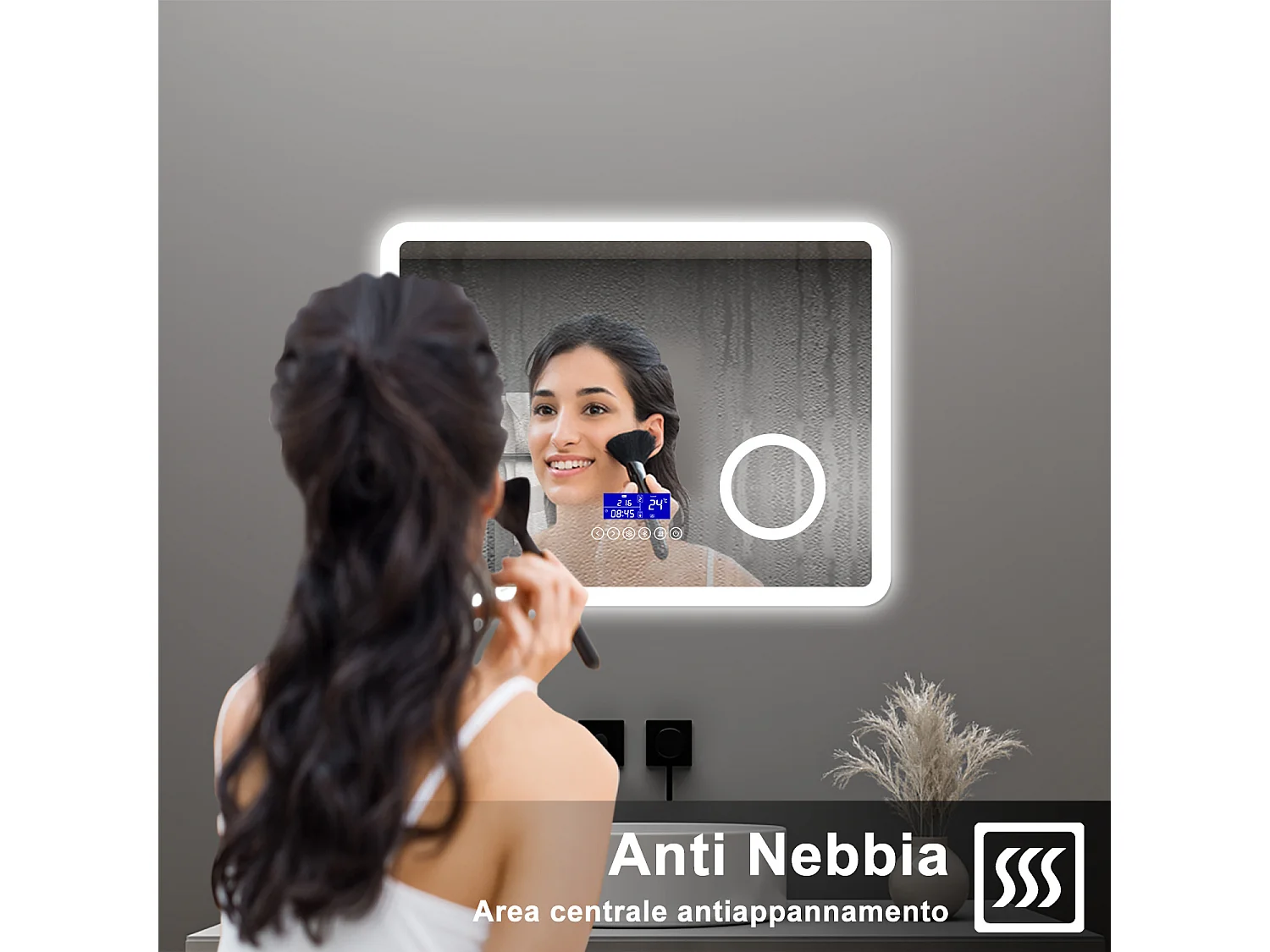 AICA Specchio da bagno  80 x 60 cm, dimmerabile, Blue tooth, Funzione Memoria, antiappannamento, 3 colori, Magnificatore,  orologio