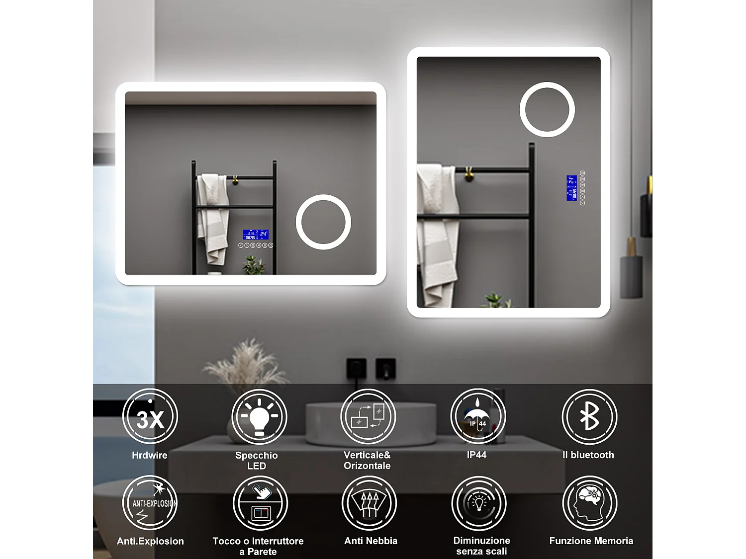 AICA Specchio da bagno  80 x 60 cm, dimmerabile, Blue tooth, Funzione Memoria, antiappannamento, 3 colori, Magnificatore,  orologio