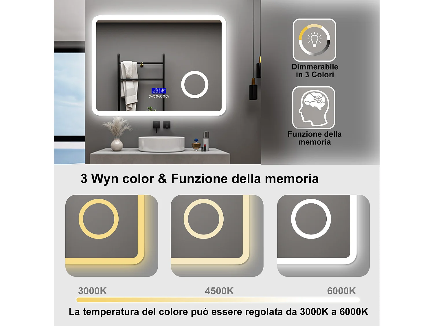 AICA Specchio da bagno  80 x 60 cm, dimmerabile, Blue tooth, Funzione Memoria, antiappannamento, 3 colori, Magnificatore,  orologio