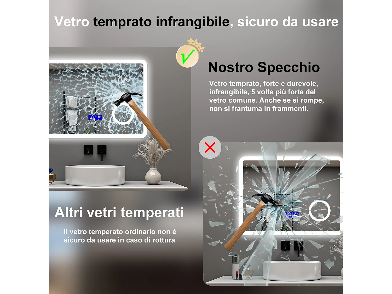 AICA Specchio da bagno  80 x 60 cm, dimmerabile, Blue tooth, Funzione Memoria, antiappannamento, 3 colori, Magnificatore,  orologio