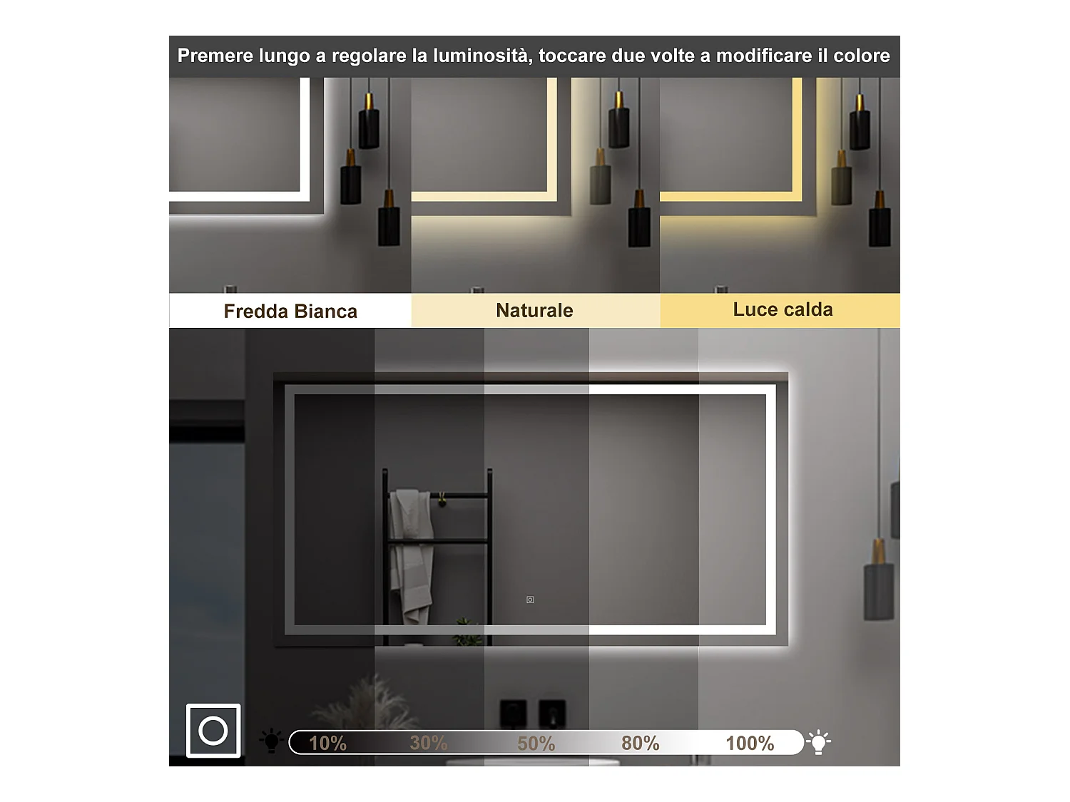 AICA Specchio da bagno  80 x 120 cm, dimmerabile, interruttore touch, Funzione Memoria, antiappannamento, 3 colori