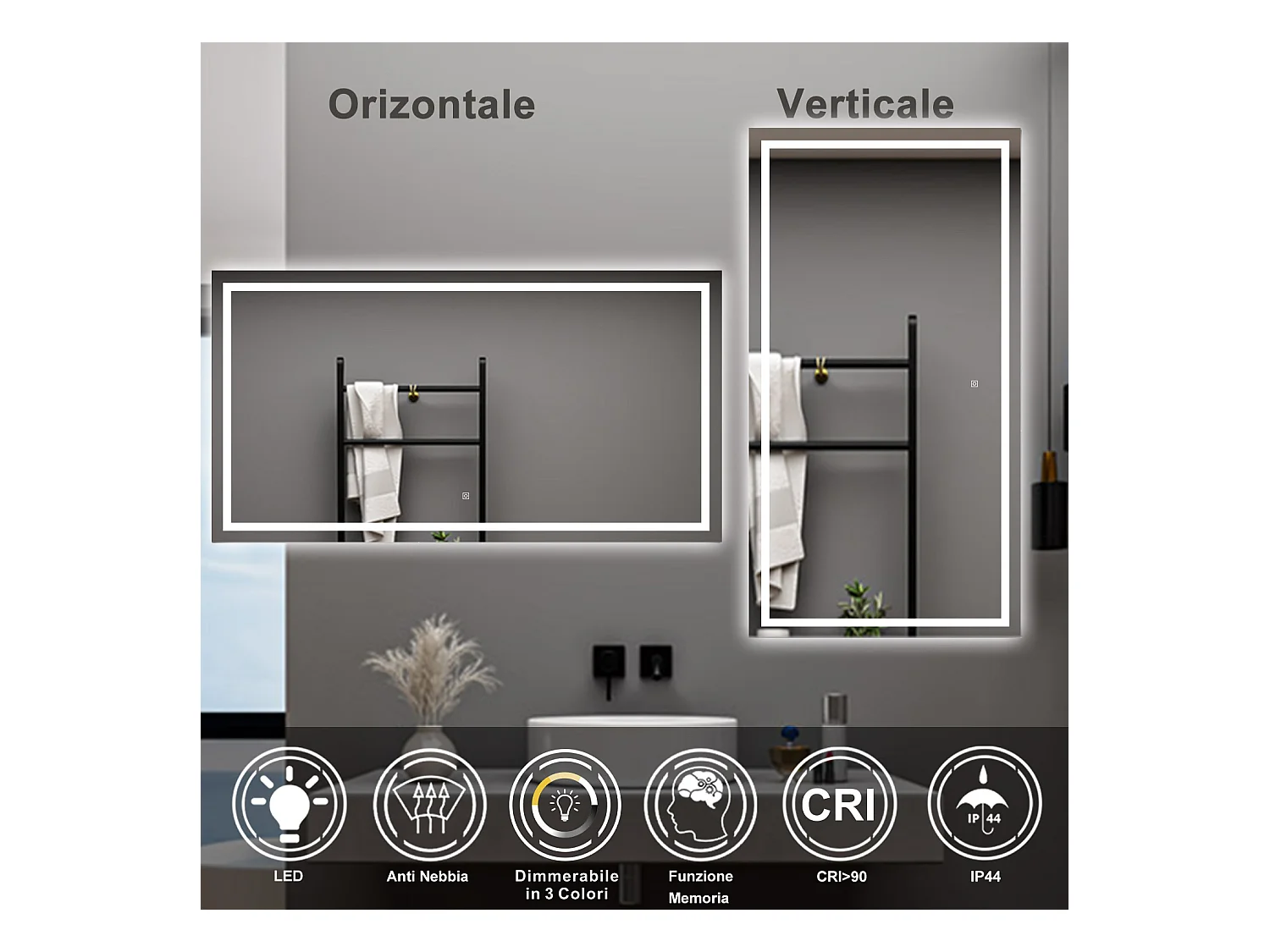 AICA Specchio da bagno  80 x 120 cm, dimmerabile, interruttore touch, Funzione Memoria, antiappannamento, 3 colori