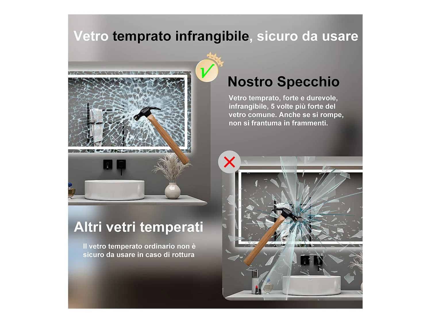 AICA Specchio da bagno  80 x 120 cm, dimmerabile, interruttore touch, Funzione Memoria, antiappannamento, 3 colori