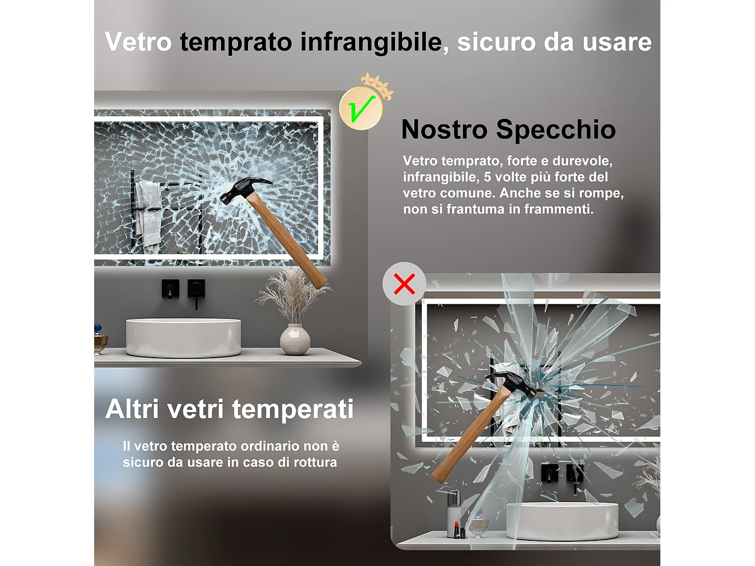 AICA Specchio da bagno  80 x 120 cm, dimmerabile, interruttore touch, Funzione Memoria, antiappannamento, 3 colori