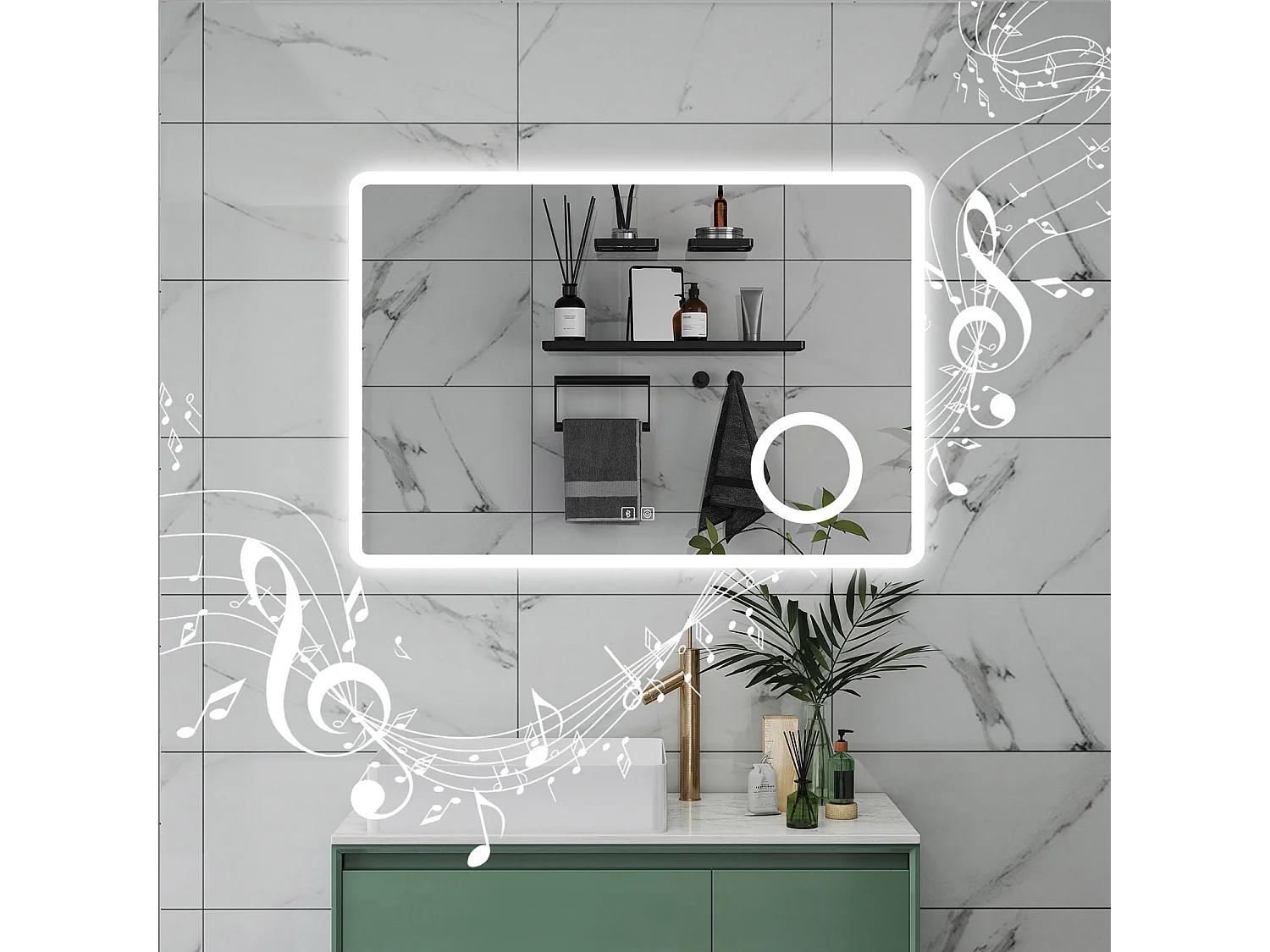 AICA Specchio da bagno  60 x 80 cm, dimmerabile, Blue tooth, Funzione Memoria, antiappannamento, 3 colori, Magnificatore