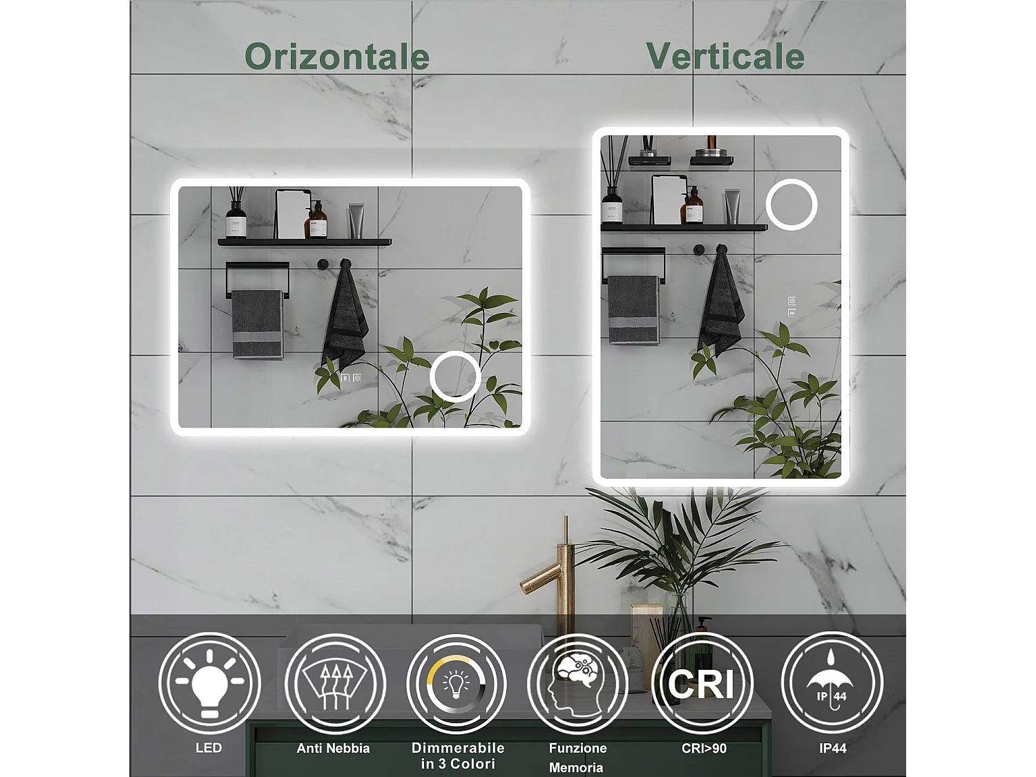 AICA Specchio da bagno  60 x 80 cm, dimmerabile, Blue tooth, Funzione Memoria, antiappannamento, 3 colori, Magnificatore