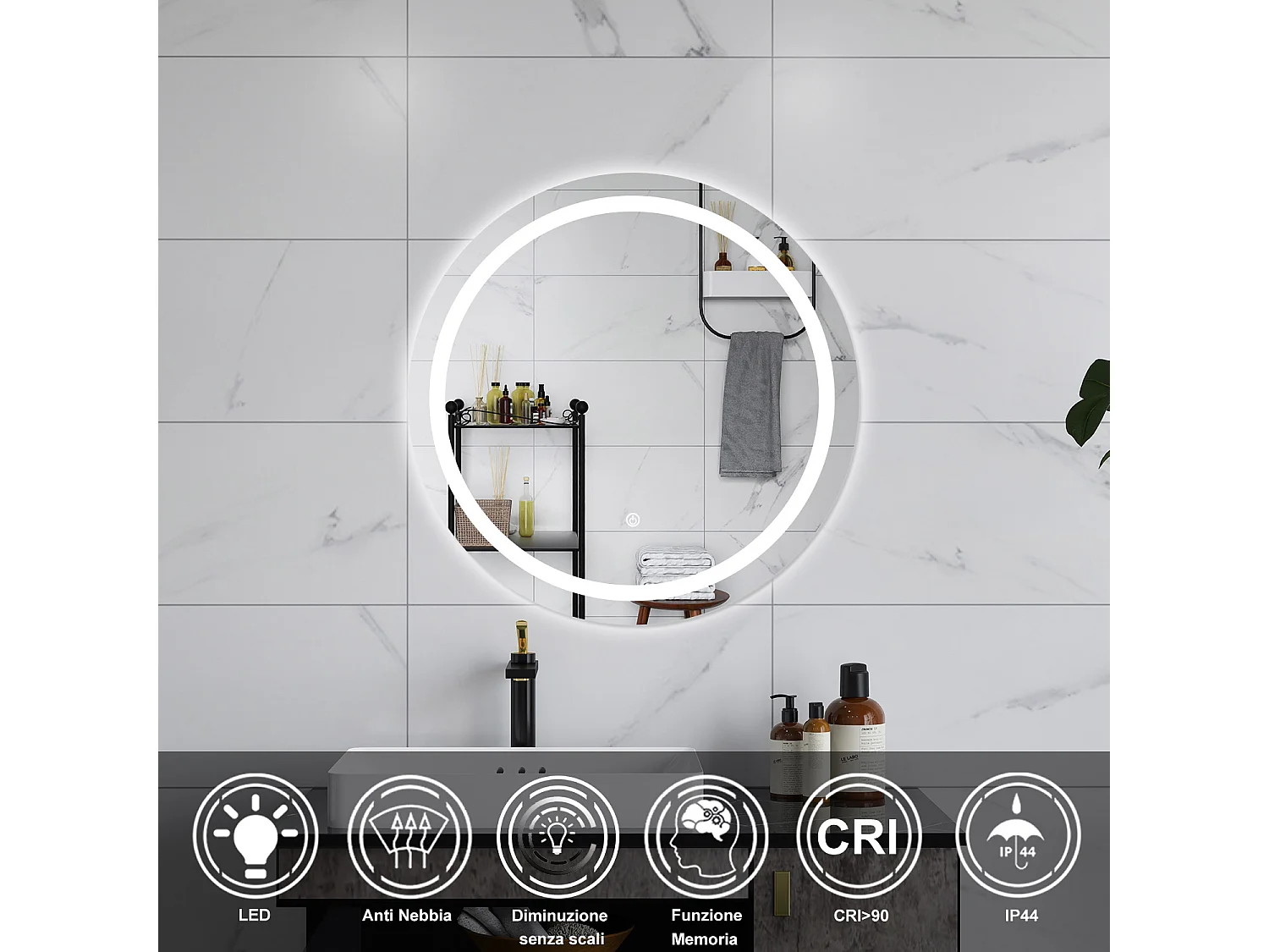 AICA Specchio da bagno 60 x 60 cm, antiappannamento, dimmerabile, interruttore touch, Funzione Memoria