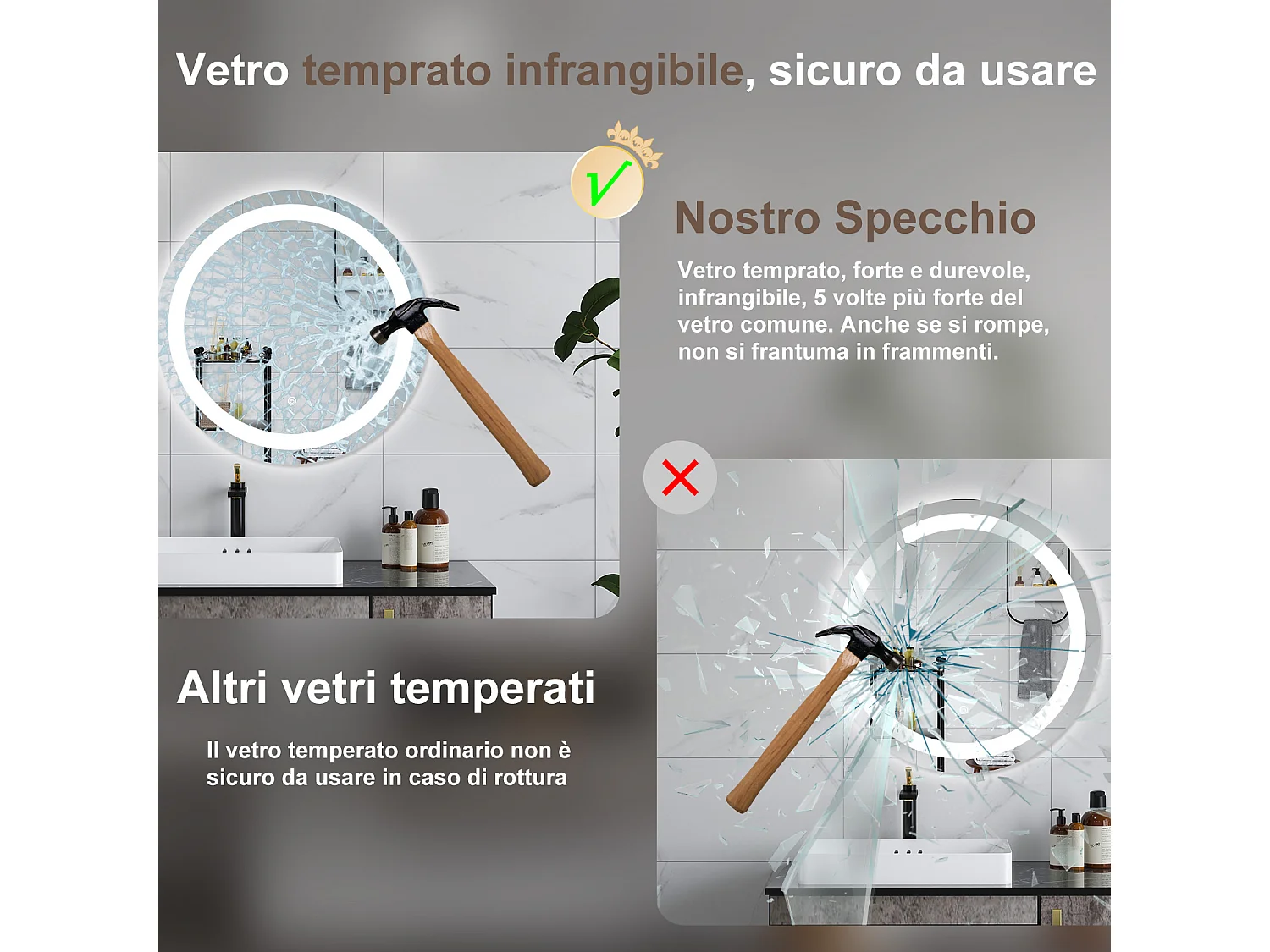 AICA Specchio da bagno 60 x 60 cm, antiappannamento, dimmerabile, interruttore touch, Funzione Memoria